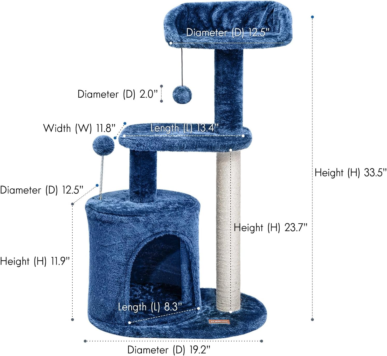 ClevaHome Small Deep Denim Blue Cat Tree for Small Spaces, Kittens, 33.5" Multi-Level Condo with Sisal Scratching Post, Plush Perches & Interactive Pompom Toy for Indoor Cats