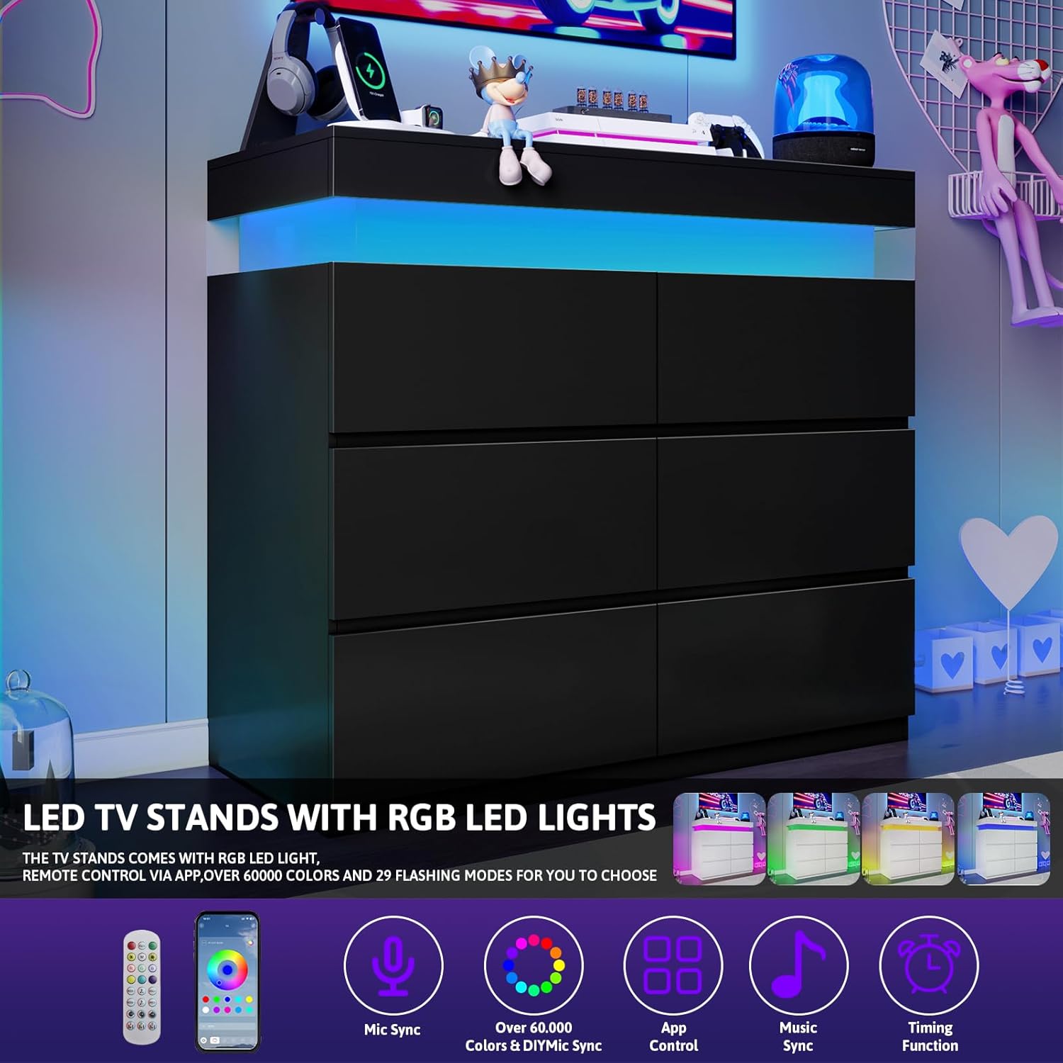 Flip-Top Storage TV Stand with Charging Station, Gaming TV Stand for 55" TV with Fl... - Image 3