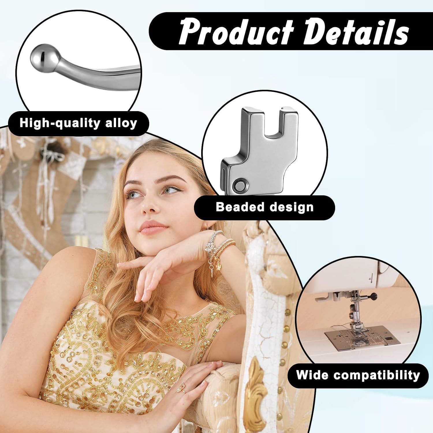 1Pcs Bead Sequin Special Presser Foot, Foot Wedding Dress Bead, Metal Sewing Machine Straight Stitch Foots Beaded Presser Feet Set Anti Fabric Holding for Evening Gowns, Fashion Fabrics
