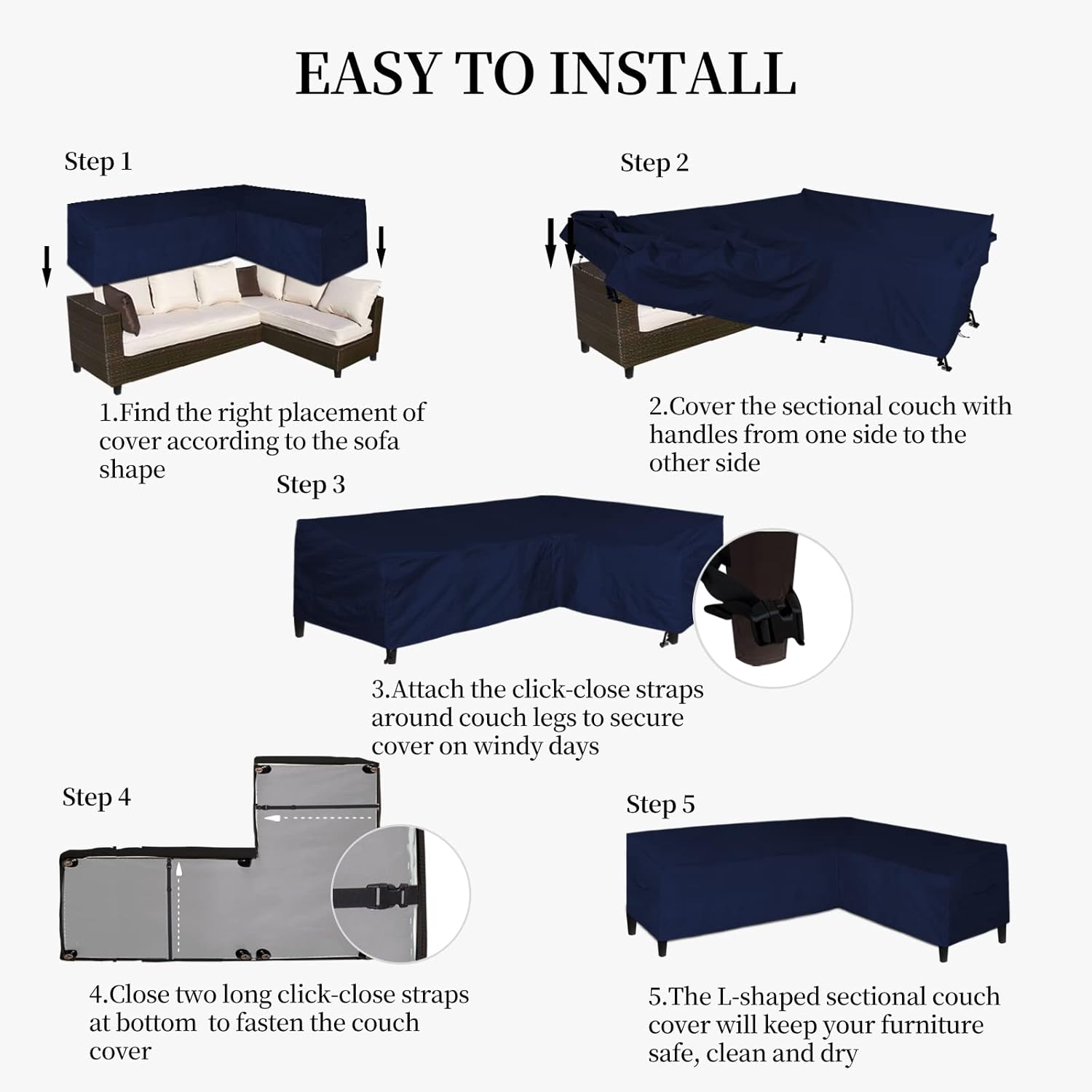 Easy-Going Patio L-Shaped Sectional Sofa Cover, 83“X104 Waterproof Outdoor Sectional Cover, Heavy Duty Garden Furniture Cover with Air Vent (Left Facing, Navy)