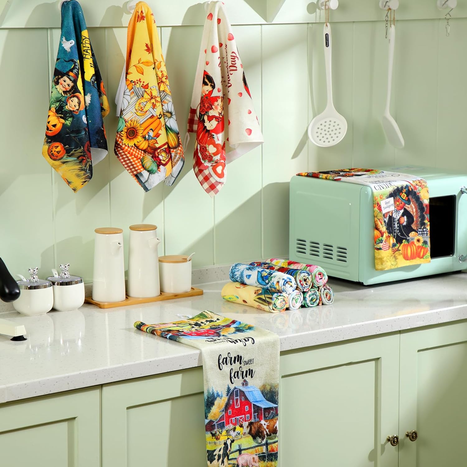 12 Pcs Seasonal Kitchen Towels Set for All Holidays Spring Easter Irish Hand Dish Tea Towels Bulk Absorbent Dishcloths Housewarming Gift for Cooking Kitchen Bathroom(Vintage Style) - Image 5