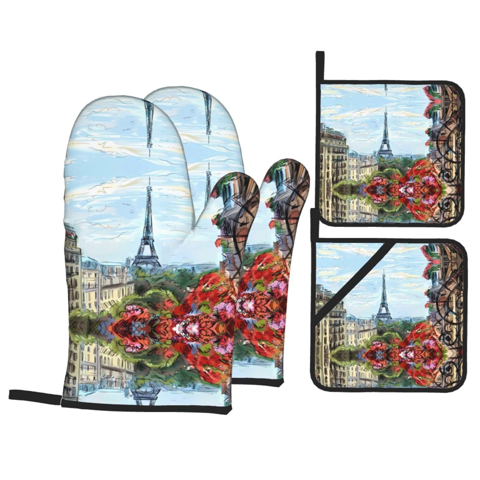 WHJSHOP Street in Paris Town Prints Kitchen Baking Throw Set with Heat Resistance, Waterproof Oven Mitts & Pot Holders for Cooking, Grilling & Handling Hot Dishes