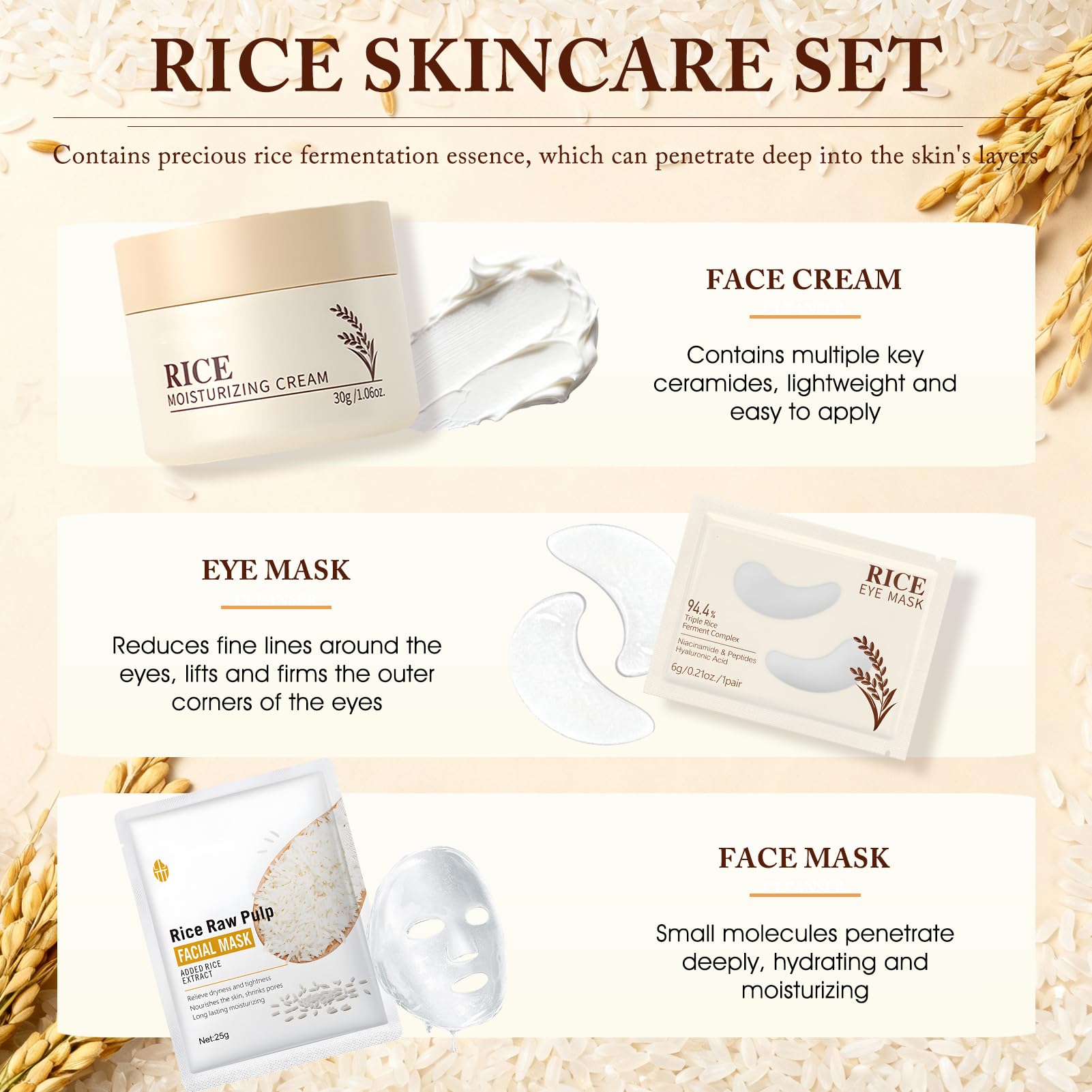 Riso Kit Skincare Viso Completo, 11 Pezzi Riso Set Skincare, Skin Care Coreana Set Completo con Detergente, Maschera, Maschera, Rice Toner, Contorno Occhi, Idrata e Nutre, Lasciando la Pelle Radiosa