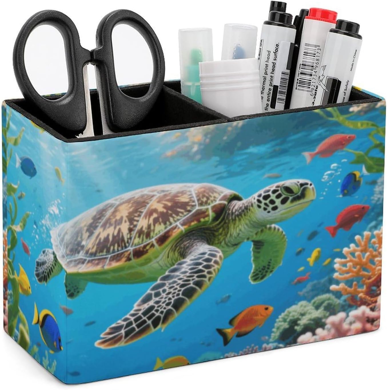 Sea Turtle Colorful Fish Desk Organizer Pen Holder with 2 Slots