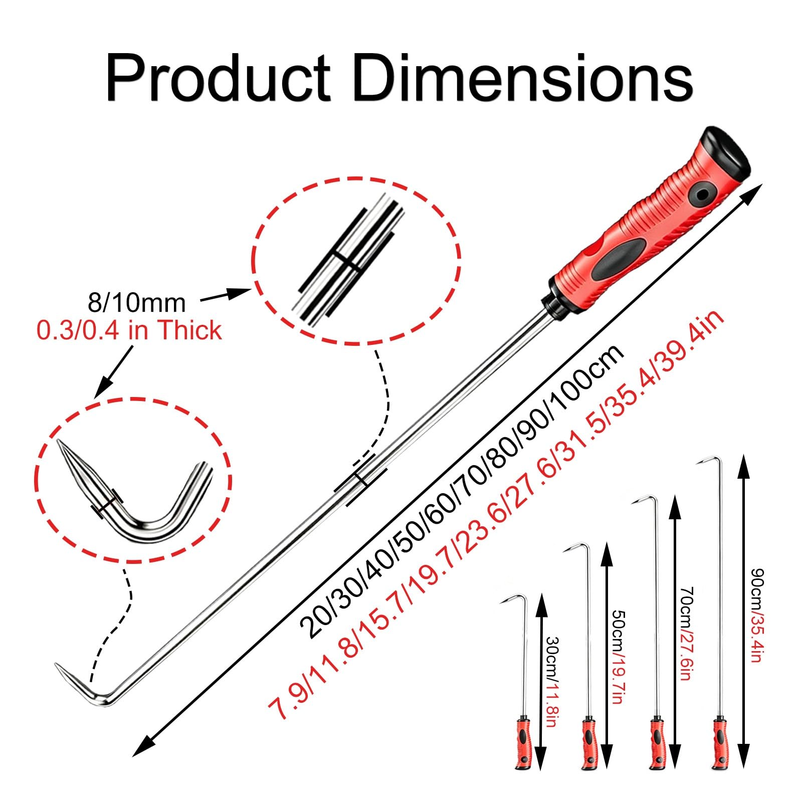 2 Stück scharfe J-Haken 7-7/8 bis 39-3/8 Zoll, mit weichem Griff | Rutschfestes Hebelwerkzeug aus rotem Edelstahl, 5/16 und 3/8 Zoll Schaft(10mm/0.4in Thick,100cm/39.4in)