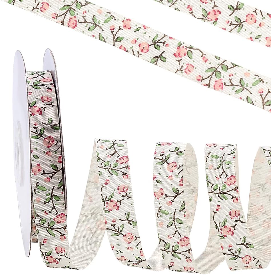 PH PandaHall 20m Flower Printed Ribbon Pink Floral Ribbon 15mm Wide Flower Pattern Cotton Ribbons Vintage Decorative Ribbons for Gift Wrapping Bow Wreath Bouquet Sewing DIY Crafts