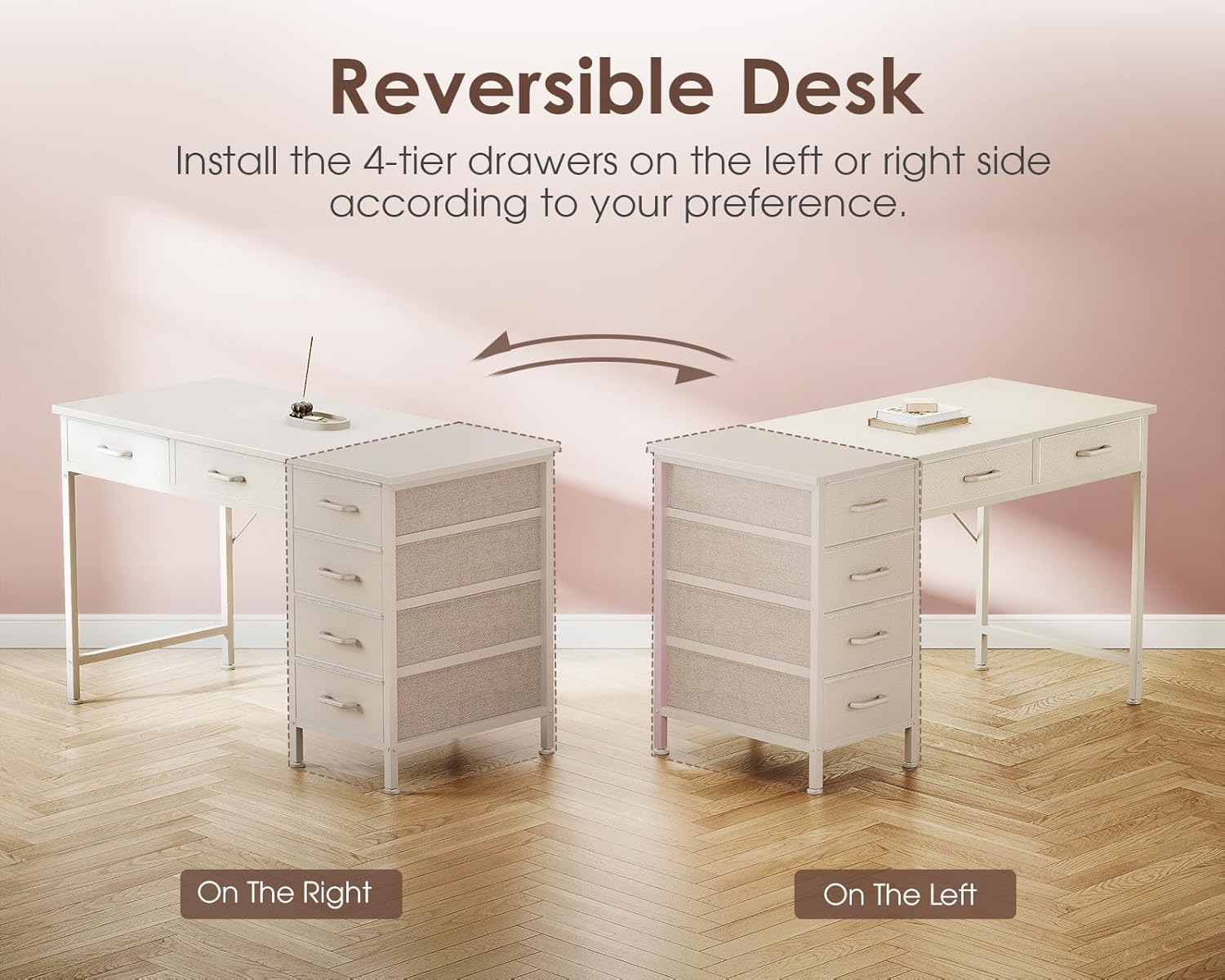 Illustration showing the Casaottima desk with the 4-tier drawer unit installed on the right side and an arrow indicating it can be moved to the left side.
