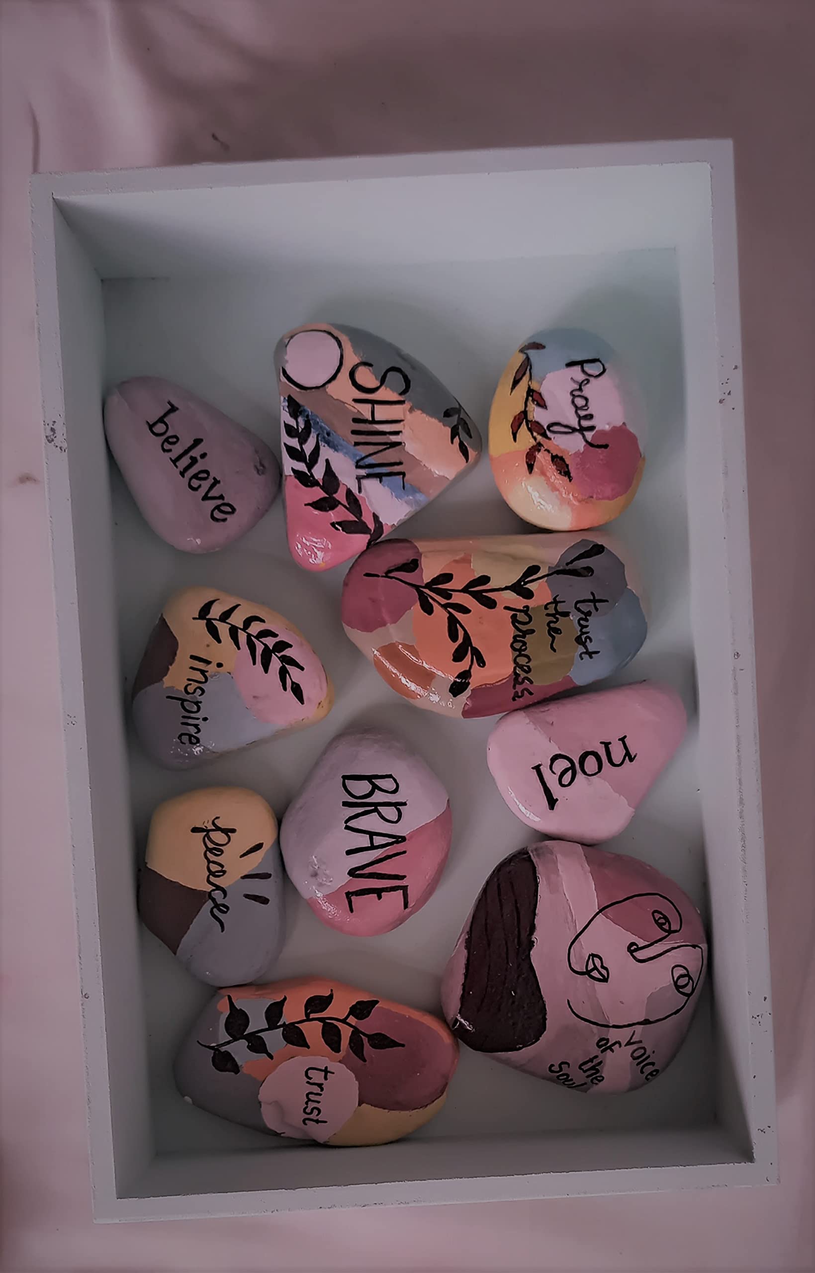 RM 1 Wooden Tray Box 8inch Size with 10 Motivational Word Painted Pebbles by Rameshwaram Marble | Healing Stone | Wellness Stone | Goodwill Stone (B09M8L9CNH) Amazon Price History, Amazon Price Tracker