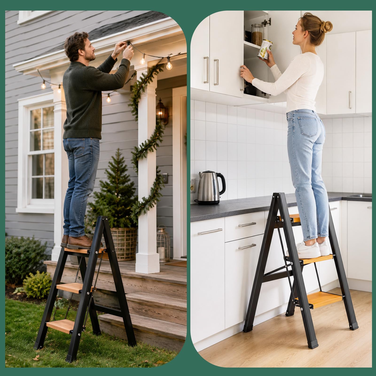 KULACO Escalera Plegable 3 Peldaños de Aluminio, con Peldaños Antideslizantes y Portátil hasta 150 kg, Diseño Elegante para Hogar, Cocina, Camping