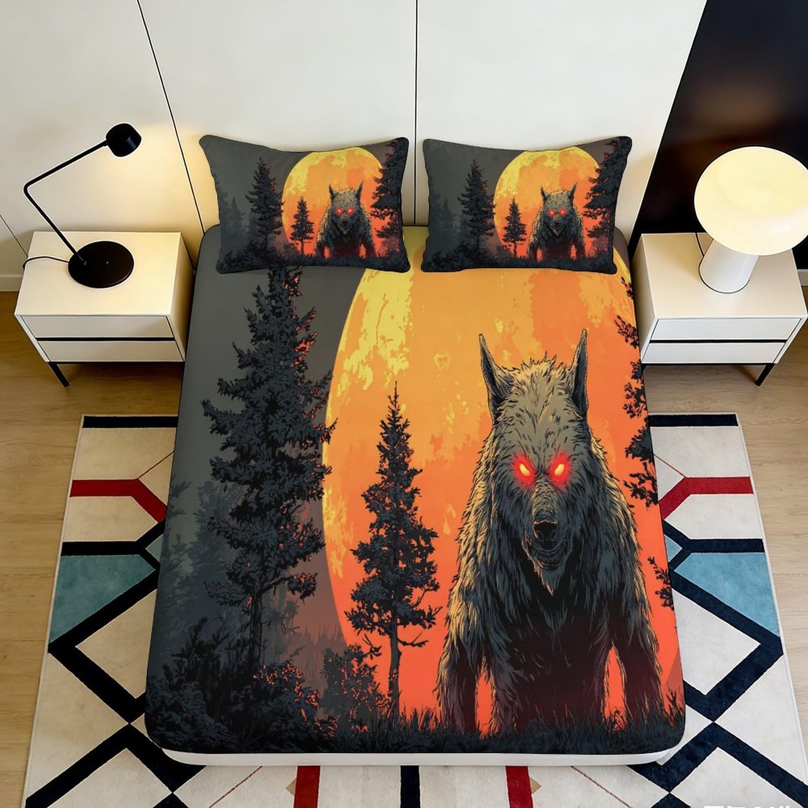 3D Printed Wolf Moon Fitted Sheet Microfiber Orange Black Forest Mattress Cover for Bedroom Dorm Mattress Protector 90x200x25cm