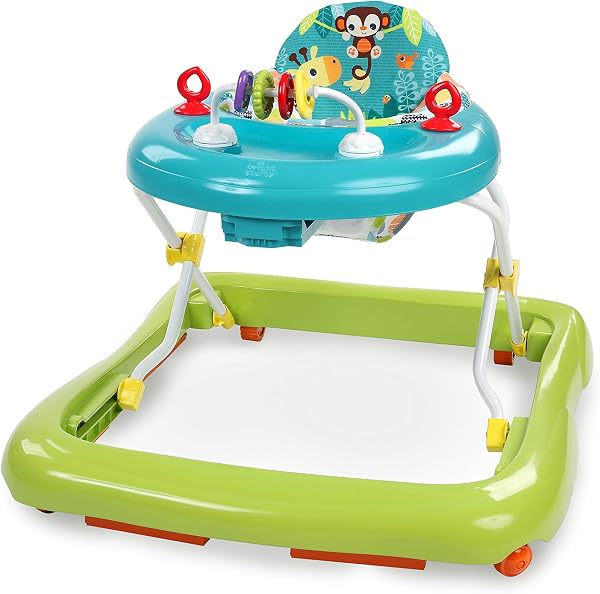 Bright Starts, Trotteur Bébé pliable Giggling Safari, jouet boulier amusant et coloré, hauteur réglable, coussin du siège amovible, lavable en machine, vert/bleu, à partir de 6 mois - 1