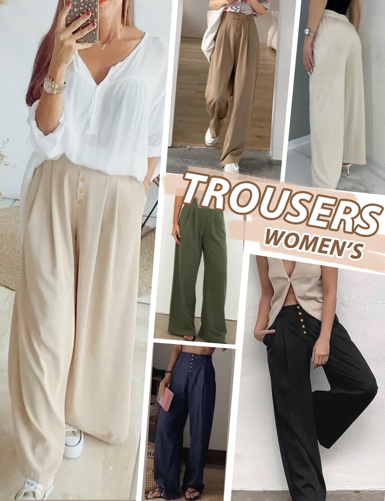 Heekpek Pantalon Large Fluide pour Femmes - Détente Léger d'Été Palazzo à Taille Haute avec Boutons - Causal à Taille Élastiquée