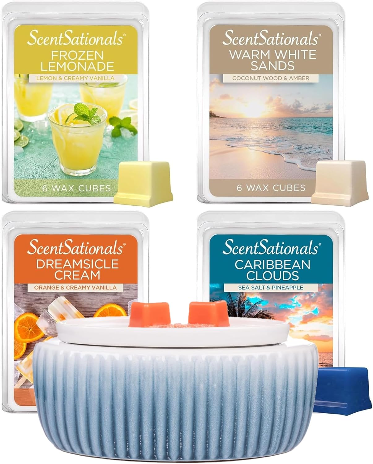 Scentsationals Wide Wax Warmer and 4-Pack Variety Pack Wax Melts Starter Bundle (Harmony Warmer + Staycation 4pk)