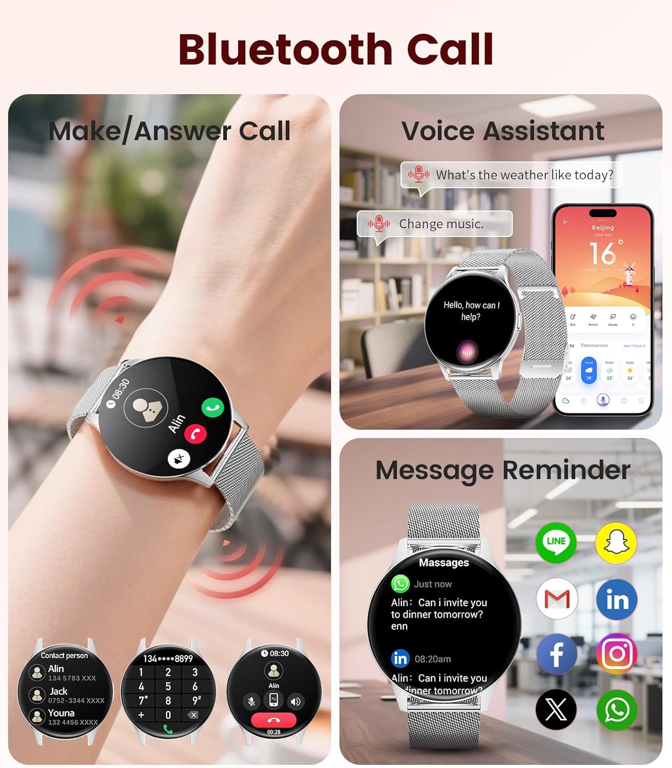LIGE FV21-G Smart Watch displaying Bluetooth call features, voice assistant, and message reminders from various social media apps.