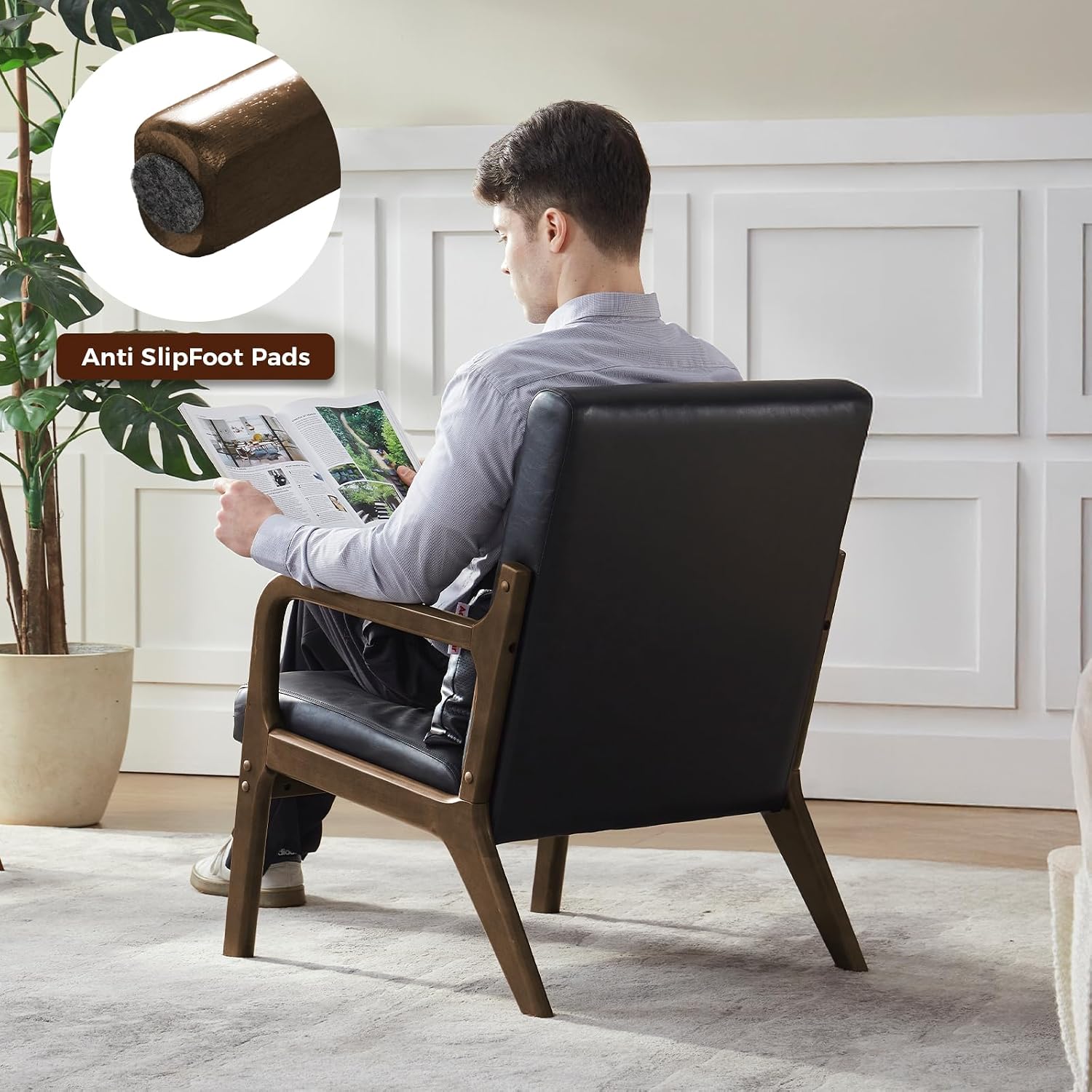 Achicsofar Accent Chair Mid Century Modern Armchair with Solid Wood Frame PU Leather Upholstered Lumbar Support Pillow Comfy High Back Lounge Arm Chairs for Living Room Bedroom Balcony