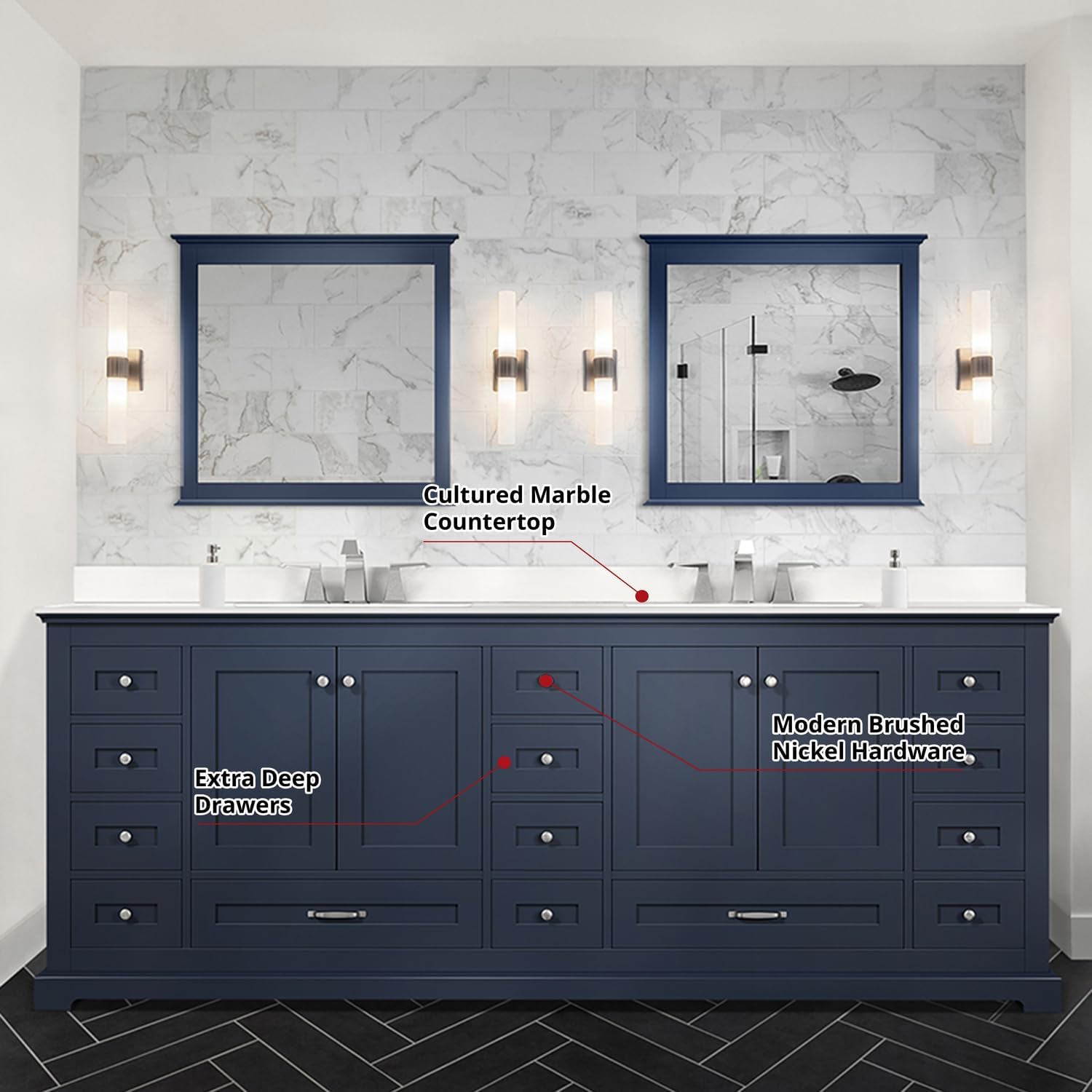 Dukes Navy Blue Bath Vanity Set - Double & Single Vanities, Marble Top & Faucet Included 84"/Cultured Marble Top