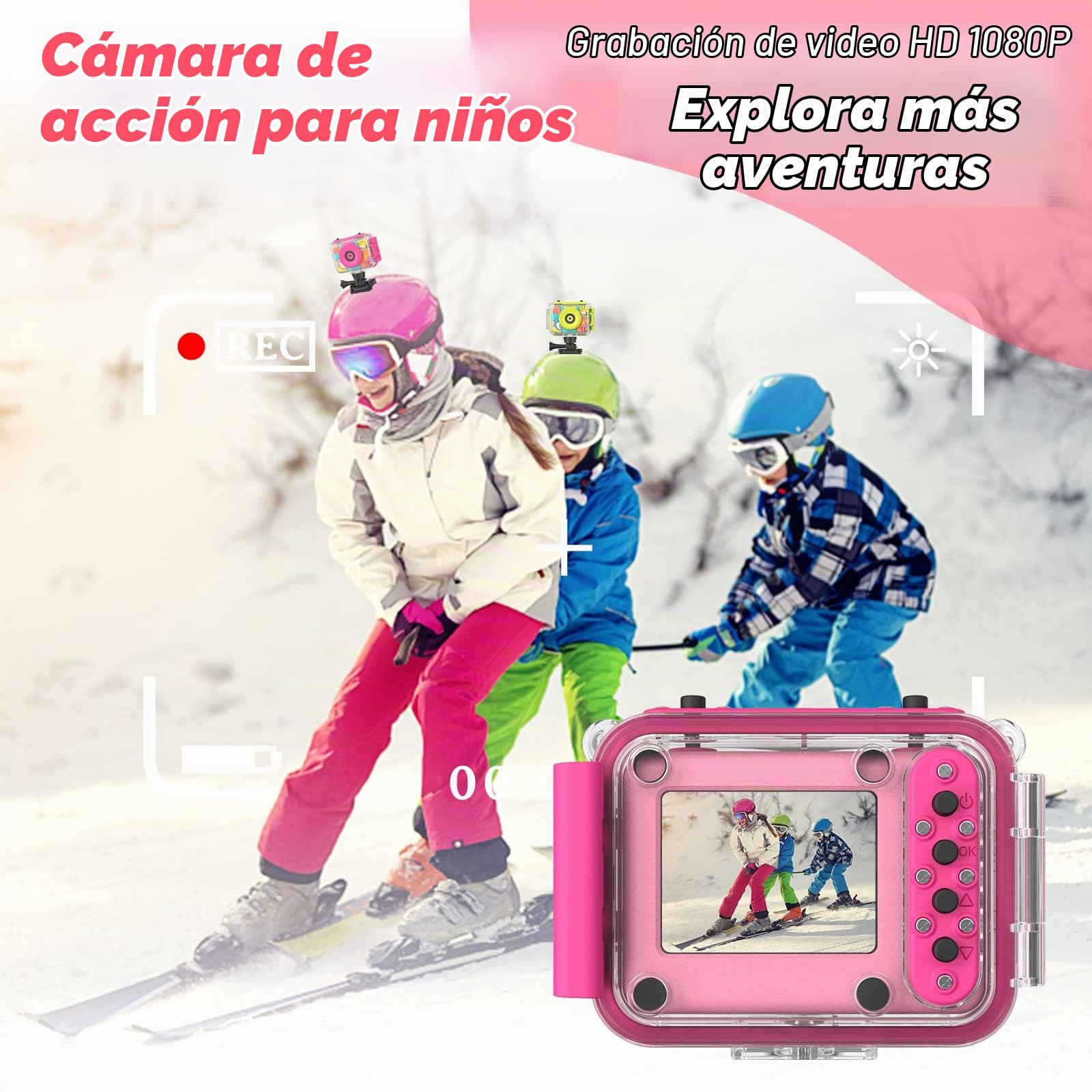 Cámara Fotos Infantil, Ushining Cámara para Niños Impermeable, 12MP HD 1080P Videocámara de Acción Subacuática Niños con Pantalla de 2,0 Pulgadas Tarjeta de 32GB TF, Regalo para Niños 3-12 Años, Rosa