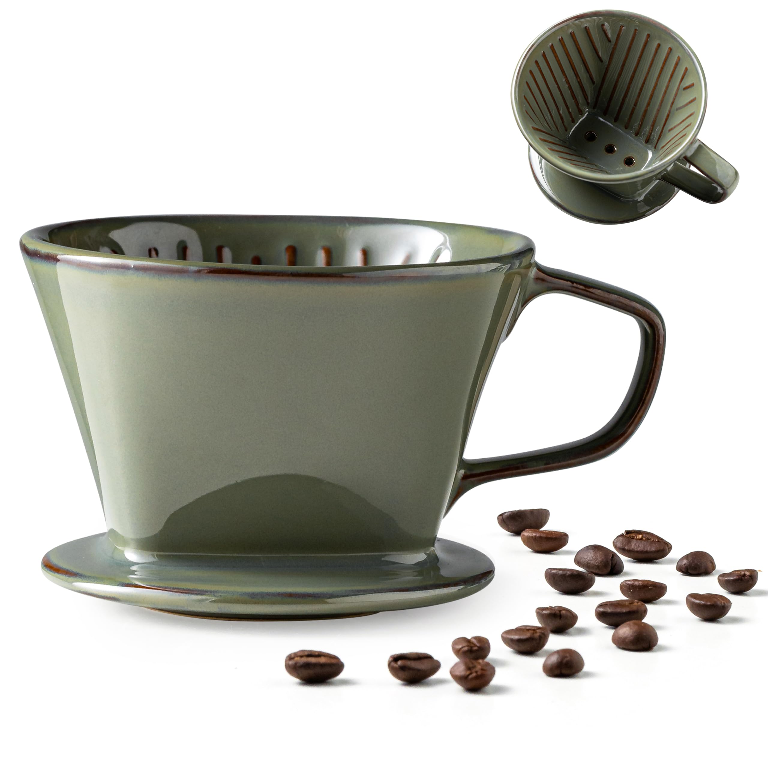 Gomakren Ceramic Pour Over Coffee Dripper, 3-Hole Cone Brewer, Olive Green | Easy to Clea…