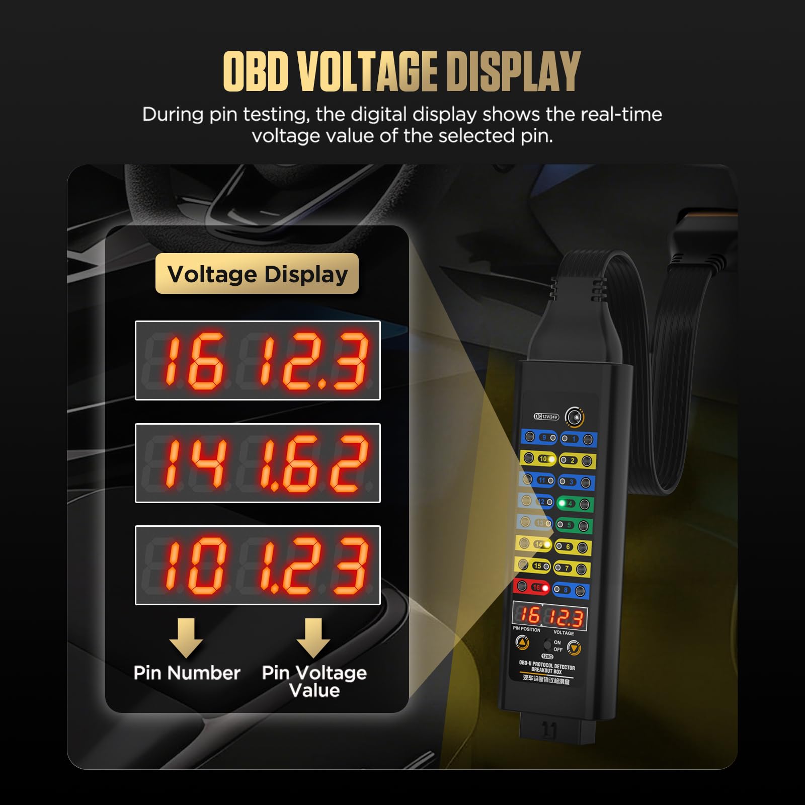 OBD2 Breakout Box, 16-Pin OBD II Protokoll Detektor, CAN Bus Schnittstelle mit Spannungsanzeige, LED Statusleuchten, 120 Ohm Widerstand, ECU Memory Saver, fur 12V und 24V Fahrzeuge