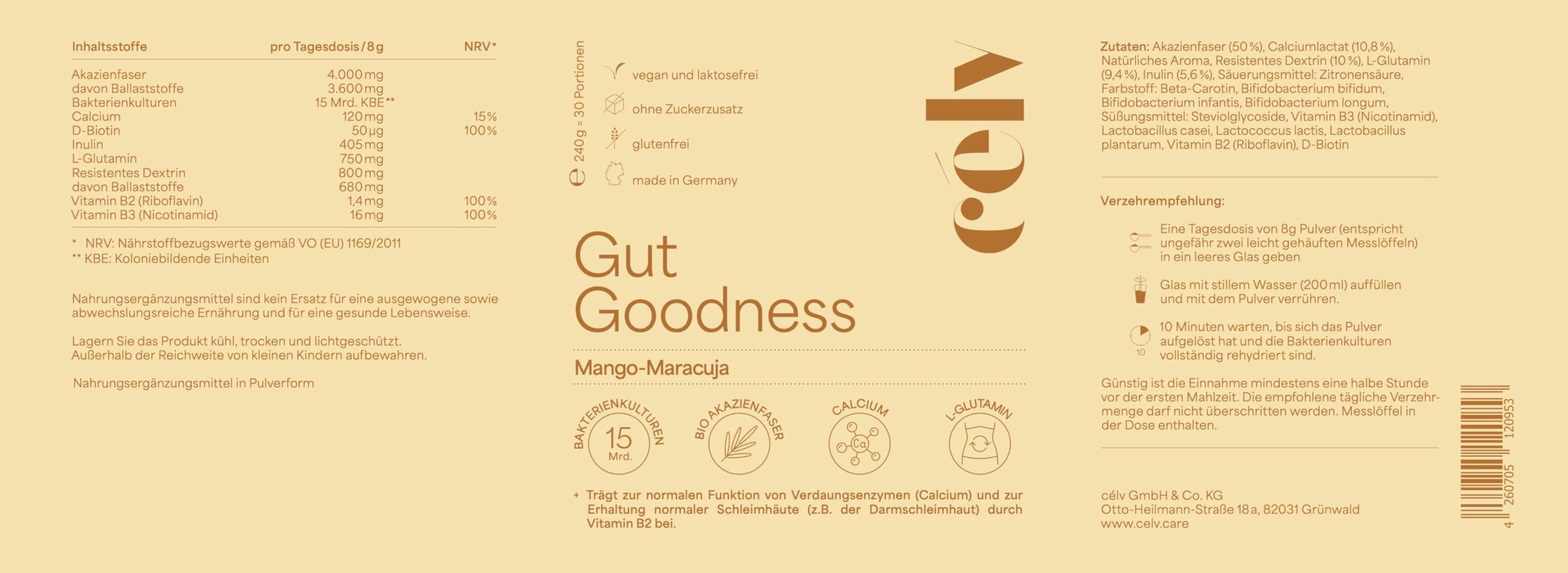 célv Gut Goodness | Mango/Maracuja Getränkepulver für ein gutes Darmgefühl, Pulver 15 Mrd. KBE Darmbakterien | Made in Germany | 30 Portionen
