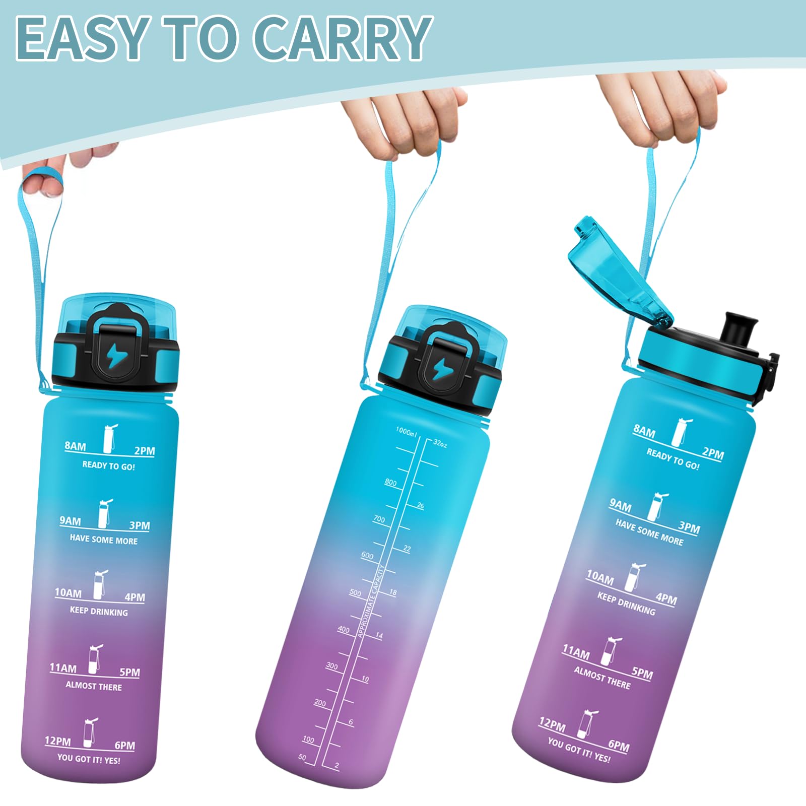 Gourde Sport Motswedi 1L Anti-fuite Avec Indicateur De Temps - Bouteille Réutilisable Sans BPA Pour Fitness, Yoga, Randonnée | Blanc Cassé Et Bleu Clair