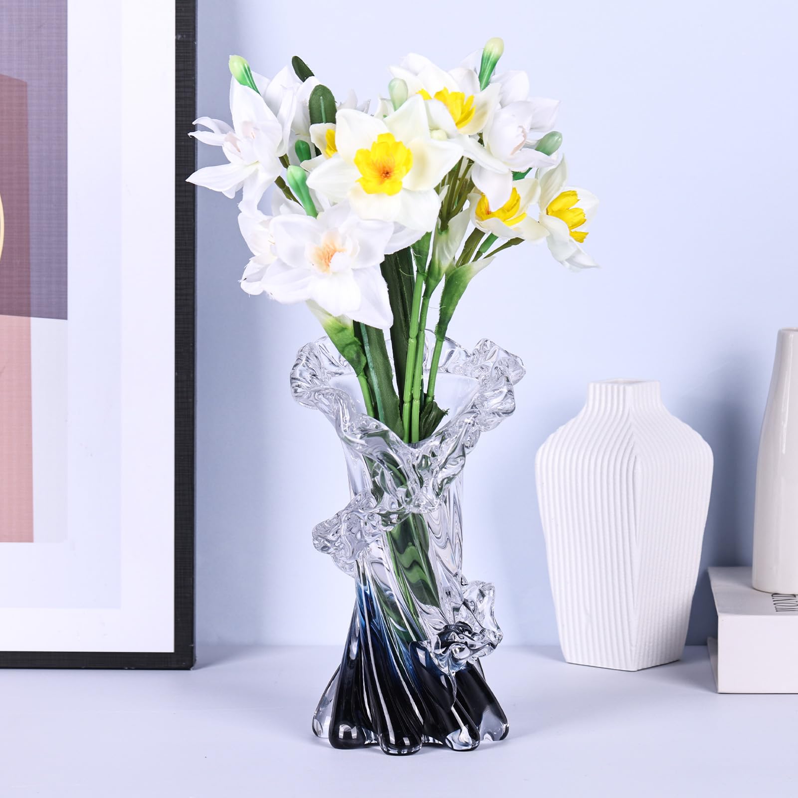 Jarrón de Vidrio Azul soplado a Mano, Hermoso jarrón de Cristal oceánico para Centro de Mesa del hogar, Mesa de café, Sala de Estar, decoración de Oficina, 11.8 Pulgadas de Alto (Grande)