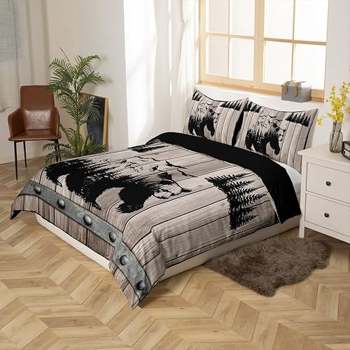 Miniatura 2 de Juego de ropa de cama rústica de granja, funda de edredón de oso de vida silvestre de bosque para niños, adultos, hombres, funda de edredón gris