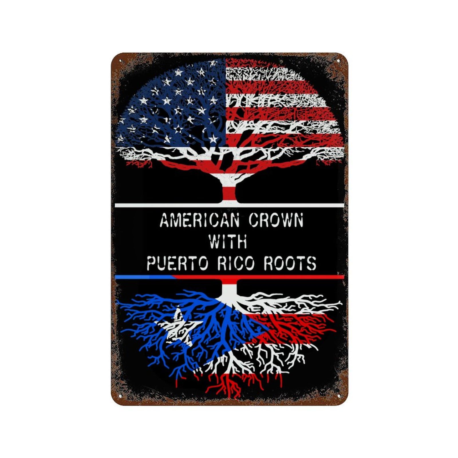 KWQDOZF America Crown With Porto Rico Roots Theme Metal Tin Sign,Vintage Iron Hanging Plate Vertical with Rust Poster Wall Decor 8x12inch