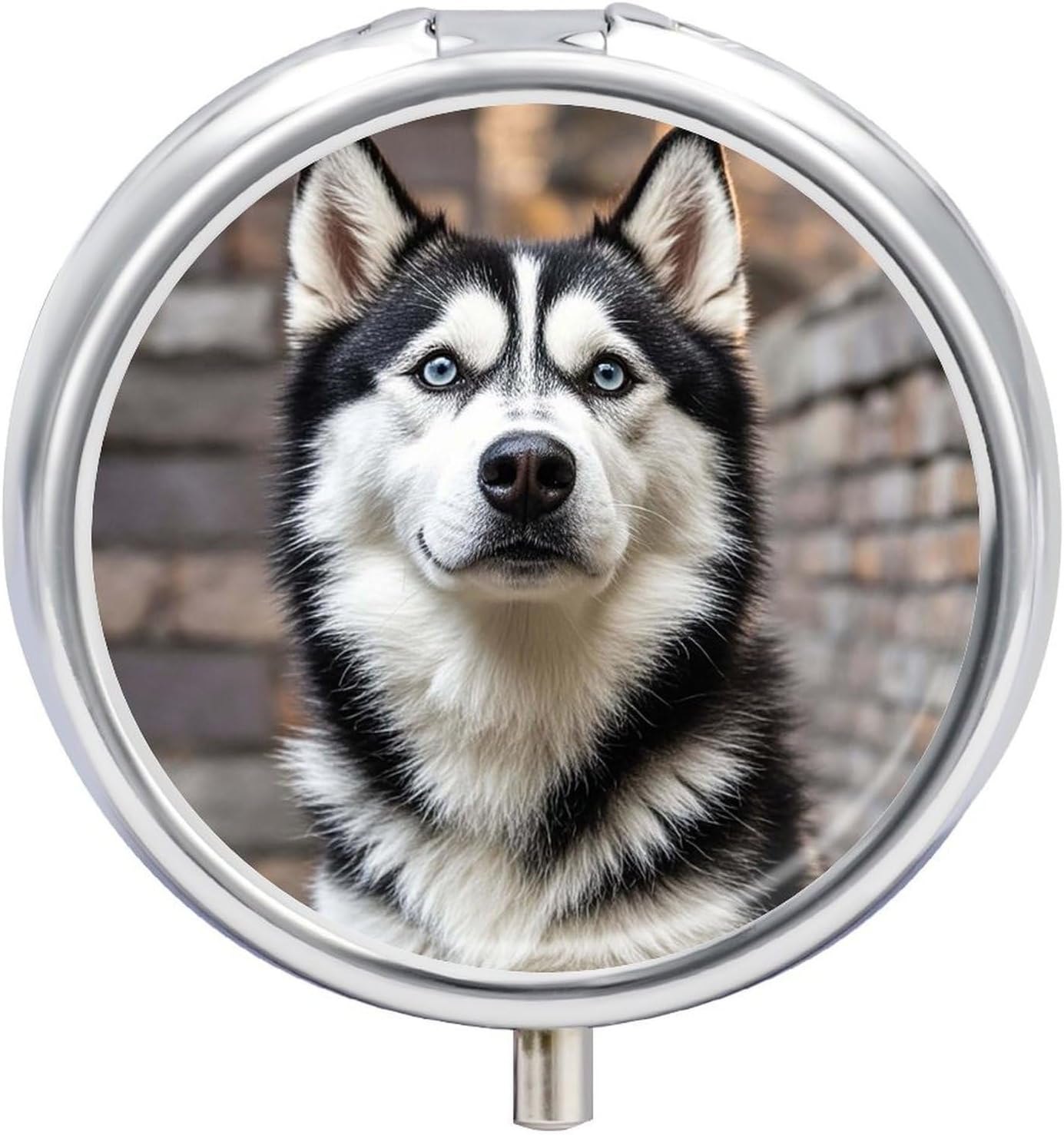Husky Dog Pill Case 3 Compartment Round Pill Box