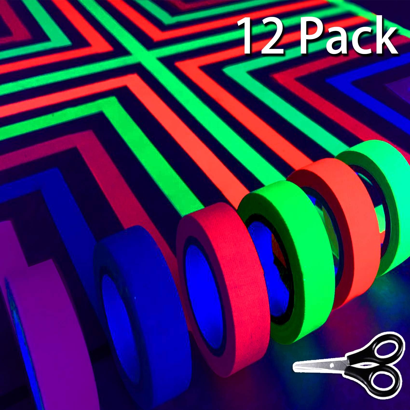 UV Blacklight Reactive (12 Pack) (6 Colors) 33ft per Color, Fluorescent Cloth/Neon Gaffer Tape, Super Bright for Glow Party Supplies (12 pcs)