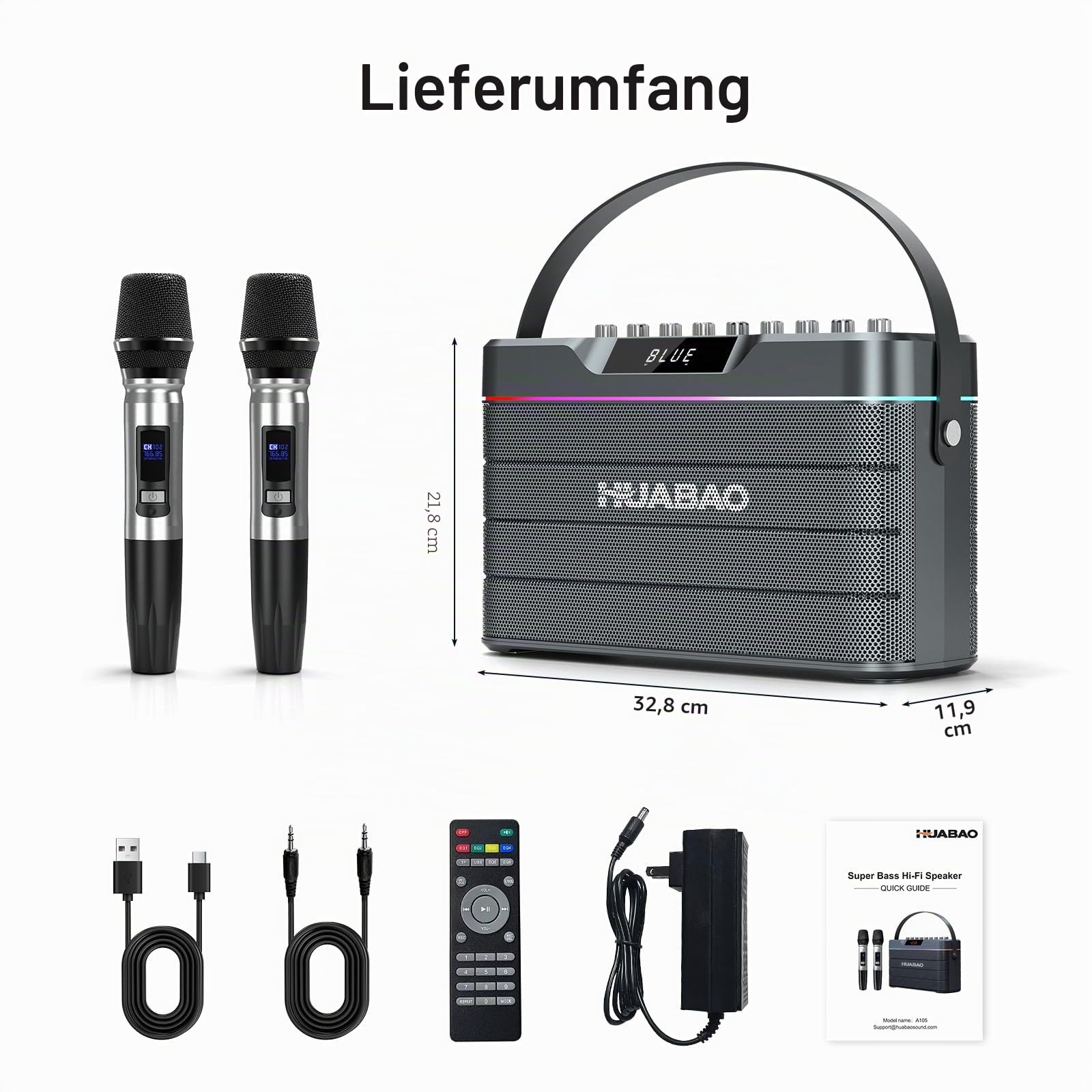 Karaoke-Maschine - 100W Bluetooth-Lautsprecher mit Super Bass, 2 drahtlose Mikrofone, tragbares PA-System mit LED-Leuchten, TWS-Paarung, Bass/Höhen/Echo-Einstellung, professioneller Lautsprecher