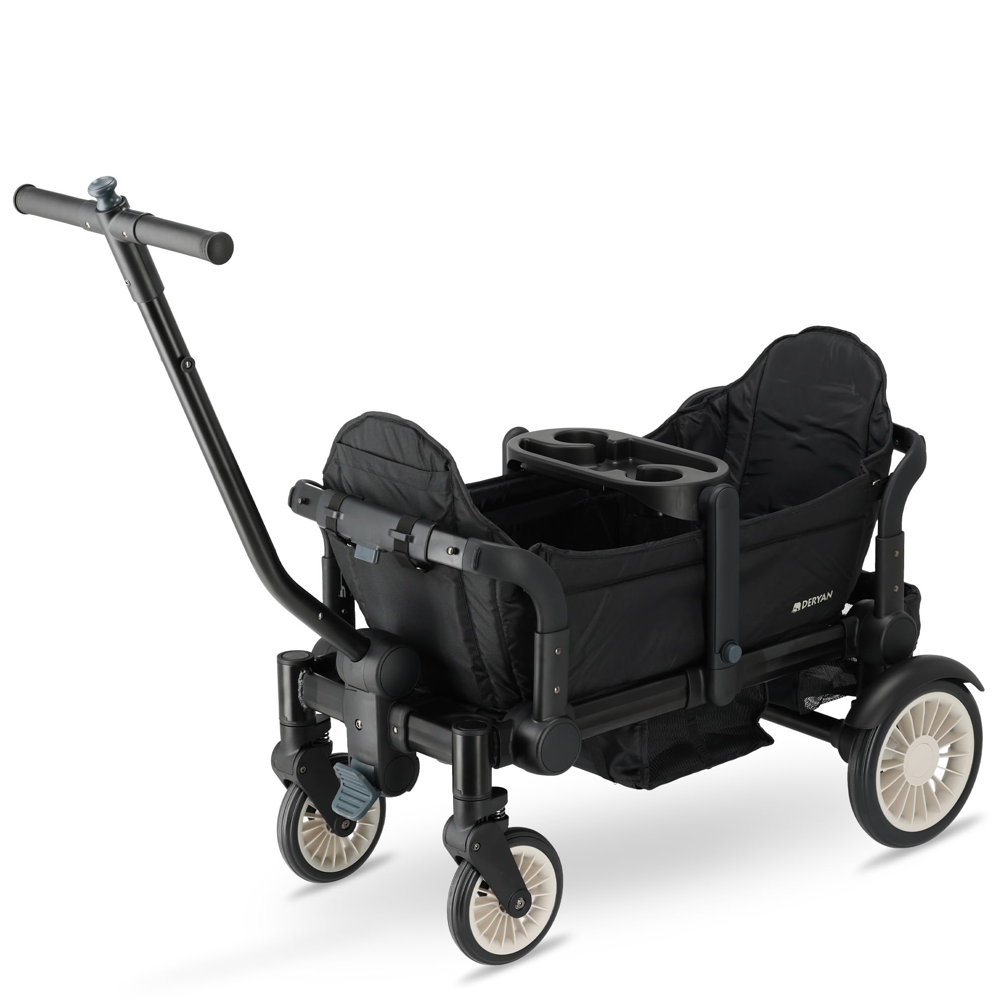 Deryan Sandy Bollerwagen Faltbar für 2 Kinder (9 Monate bis 5 Jahre), Dach Klappbarer Handwagen, Sonnenschutz für Ausflug Strand Camping, abnehmbarem Tablett, Verstellbarer Griff, mit Bremse, Schwarz