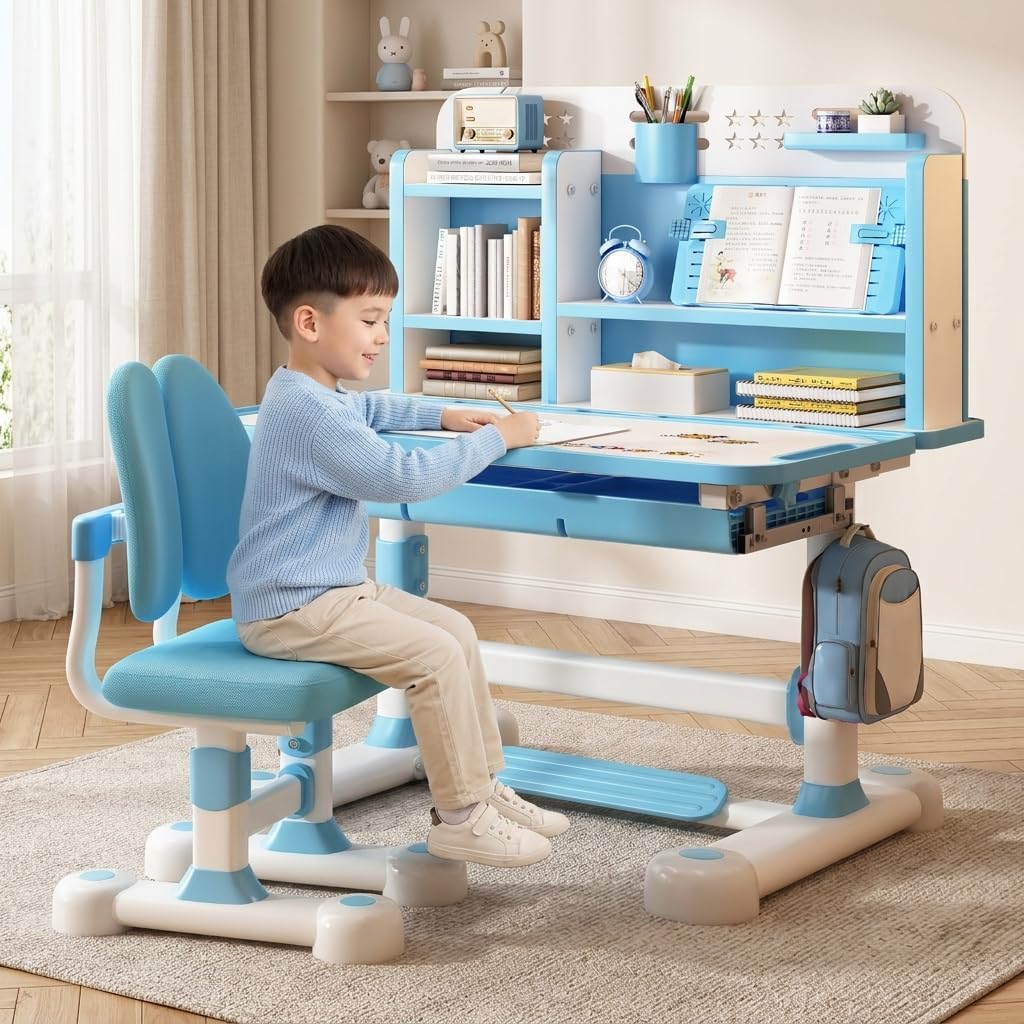 Kids Desk and Chair Set, Height Adjustable Ergonomic Child's School Study Writing Table, 31.4" Wide Tiltable Desktop, Study Desk with Bookstand & Storage Drawer, for Boys Ages 3-12
