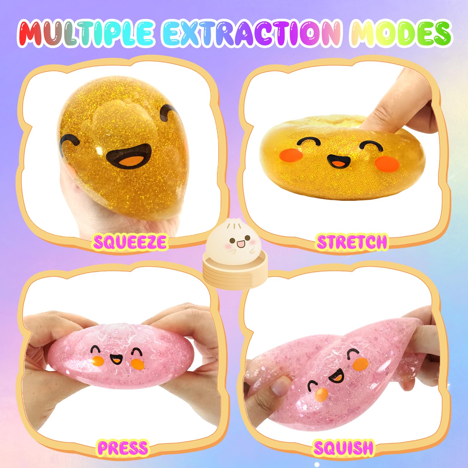 3 Pezzi Glitter Squishy Bao Dumpling + Butter Squishy Set, Giocattolo Sensoriale con Contenitore per Il Vapore, Dumpling Giocattolo Antistress per Alleviare adatto Bambini, Adulti, 25Toys1