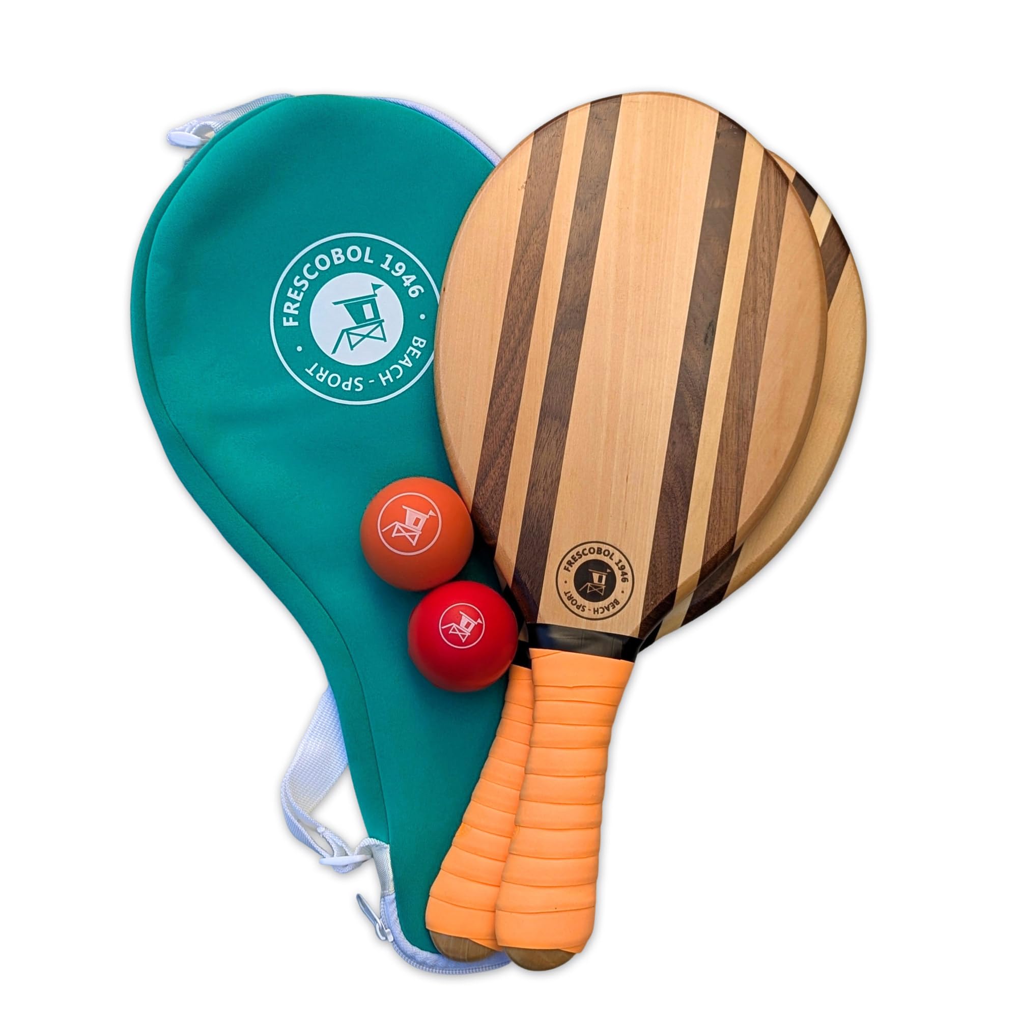 Set di 2 racchette da spiaggia in legno massiccio con palline, ispirazione brasiliana con borsa da trasporto in neoprene, design elegante