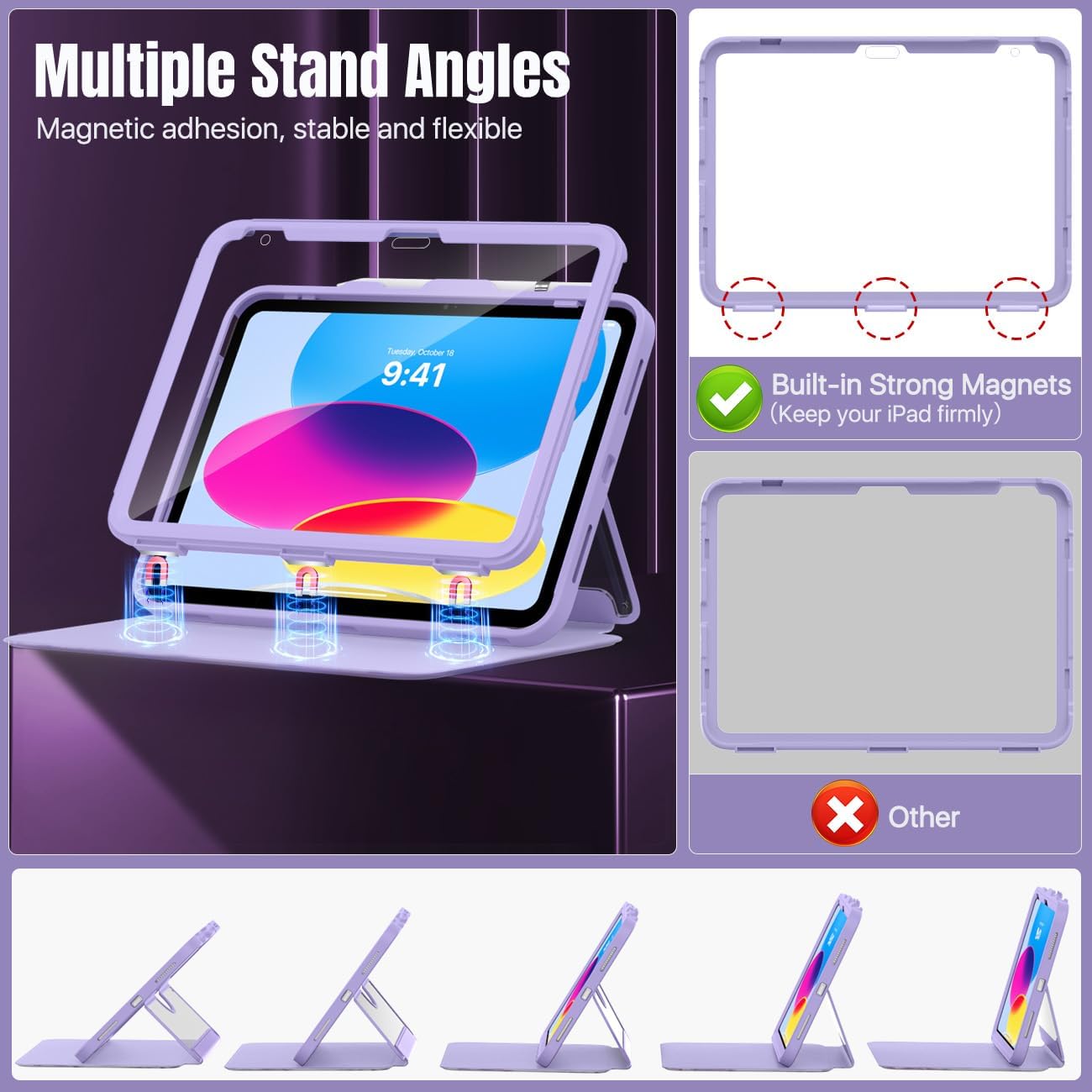 MoKo for iPad 11-inch (A16) 11th Generation Case 2025/ iPad 10th Generation Case with Pencil Holder 2022 10.9 inch, Built-in Screen Protector Clear Back, Multi Angle Viewing Stand, Lilac