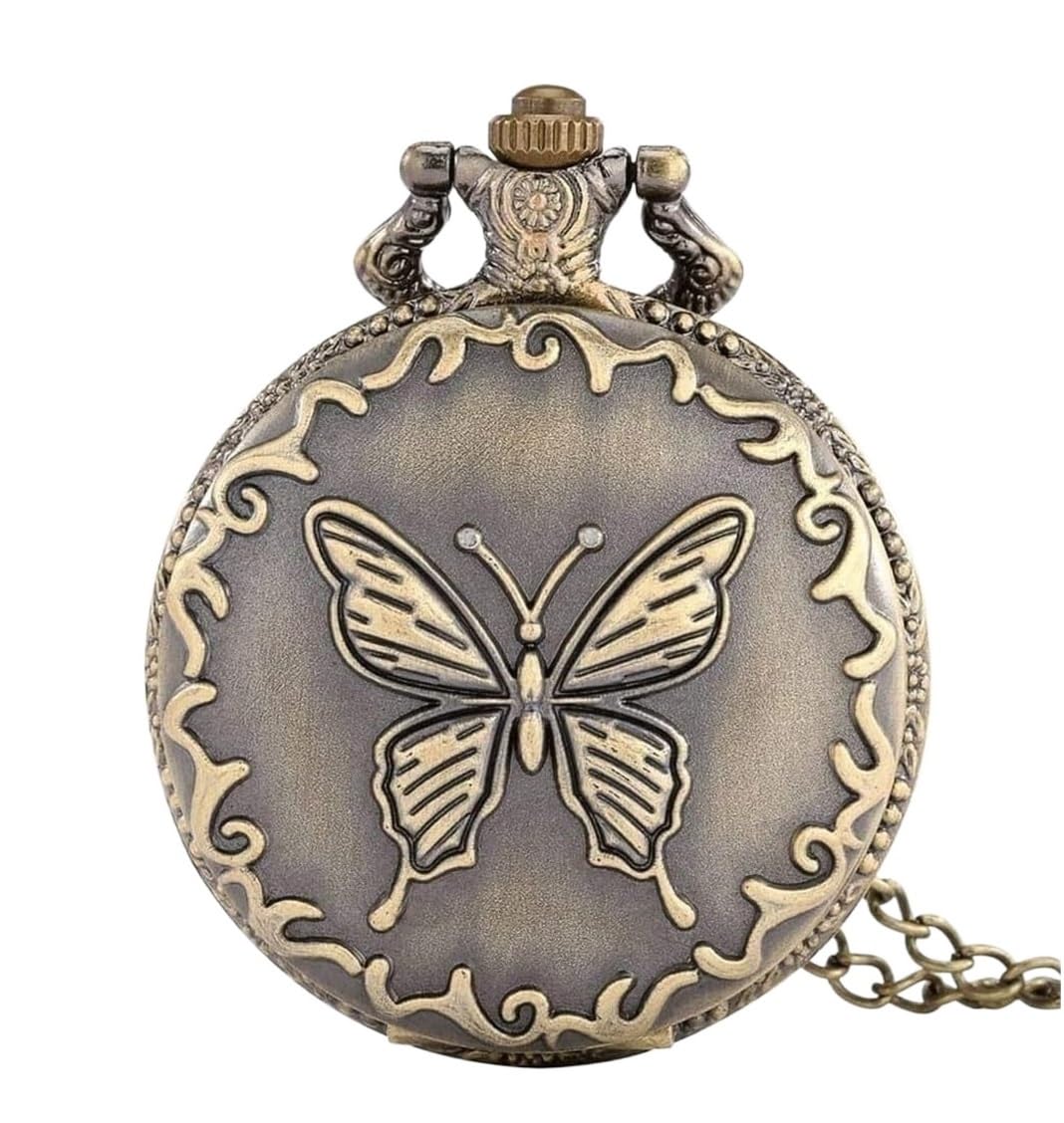 Reloj de Bolsillo Unisex Reloj De Bolsillo Cuarzo Mariposa Bronce Retro, Cadena Suéter Regalos Hombres Mujeres Clásico Fiestas