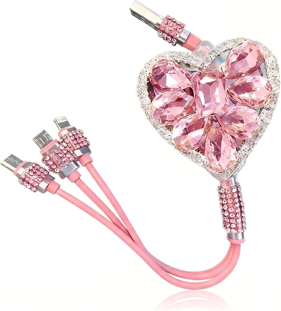 Multi Car Charging Cable, Bling Rhinestone 3-in-1 Car Charger Cord with Type-C/Lightning/Micro USB Connectors, Women's Fashion Style Auto Charging Cable Fit for Most Cars (Pink)