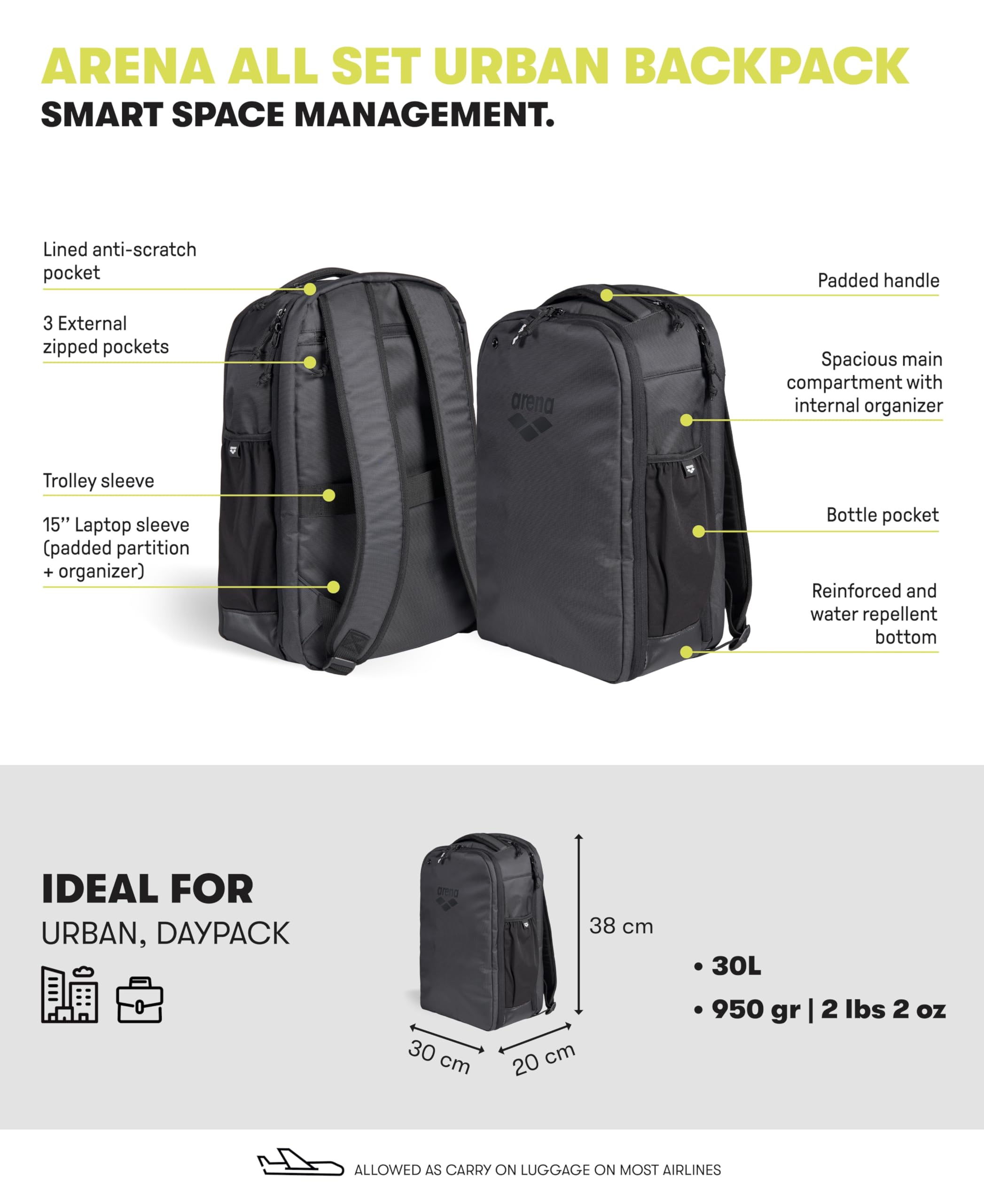 Arena All Set Urban Rucksack, Arbeit, Freizeit, Fitnessstudio, Multisport, Tagesrucksack, mittlere Größe, Trainingsausrüstung, Tasche für Teenager, Herren, Damen, 30 Liter, Schwarz