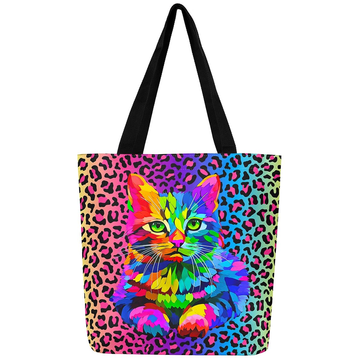 Homewish Kawaii Cat Canvas Bag Rainbow Leopard Print Grocery Bag, Cartoon Kitten Canvas Tote Bag Ombre Animal Shopping Bag, Cheetah Printed Beach Bag