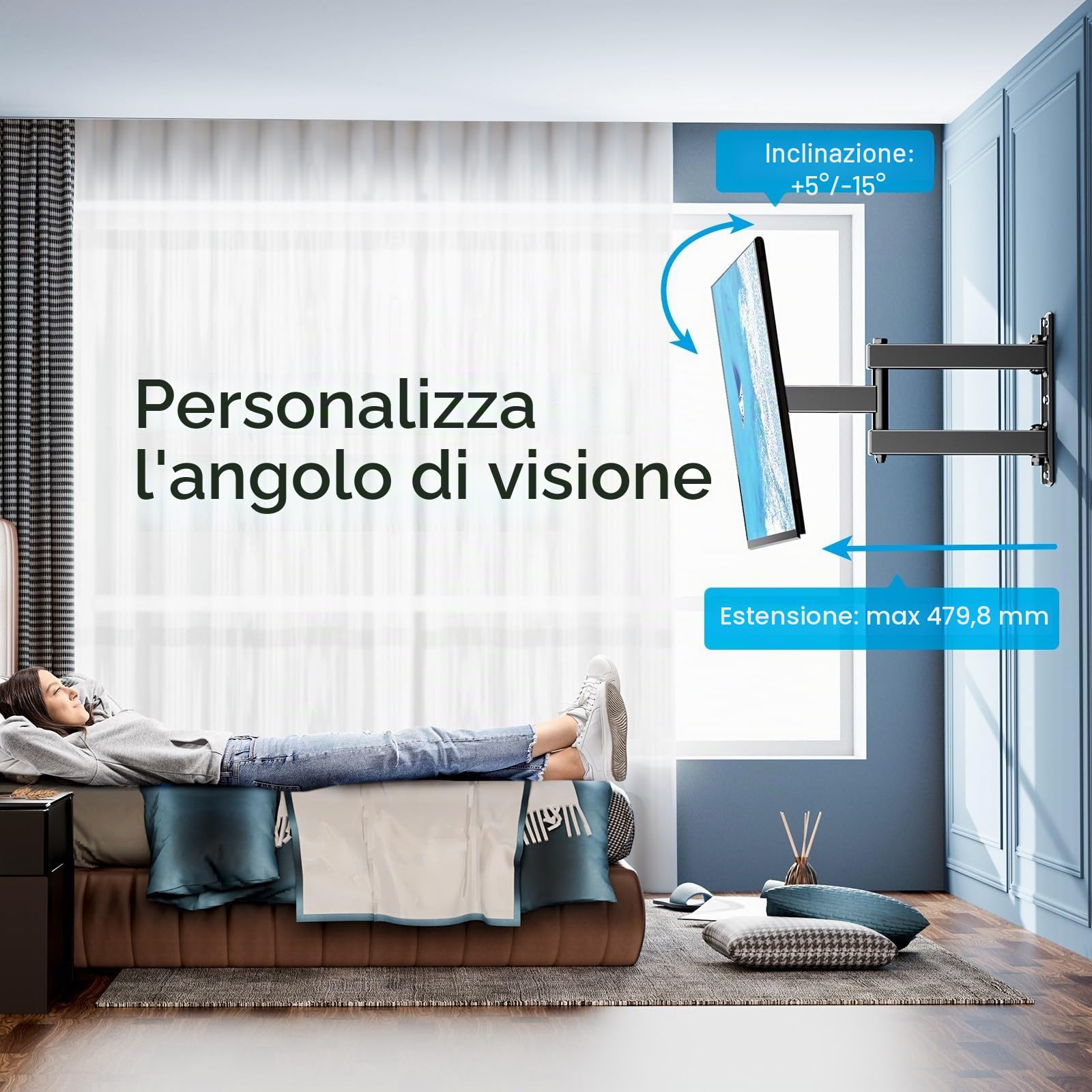 PERLESMITH Supporto TV Parete Inclinabile Orientabile per Schermi 26-60 Pollici LED LCD Curvo 35 kg VESA 400x400 mm