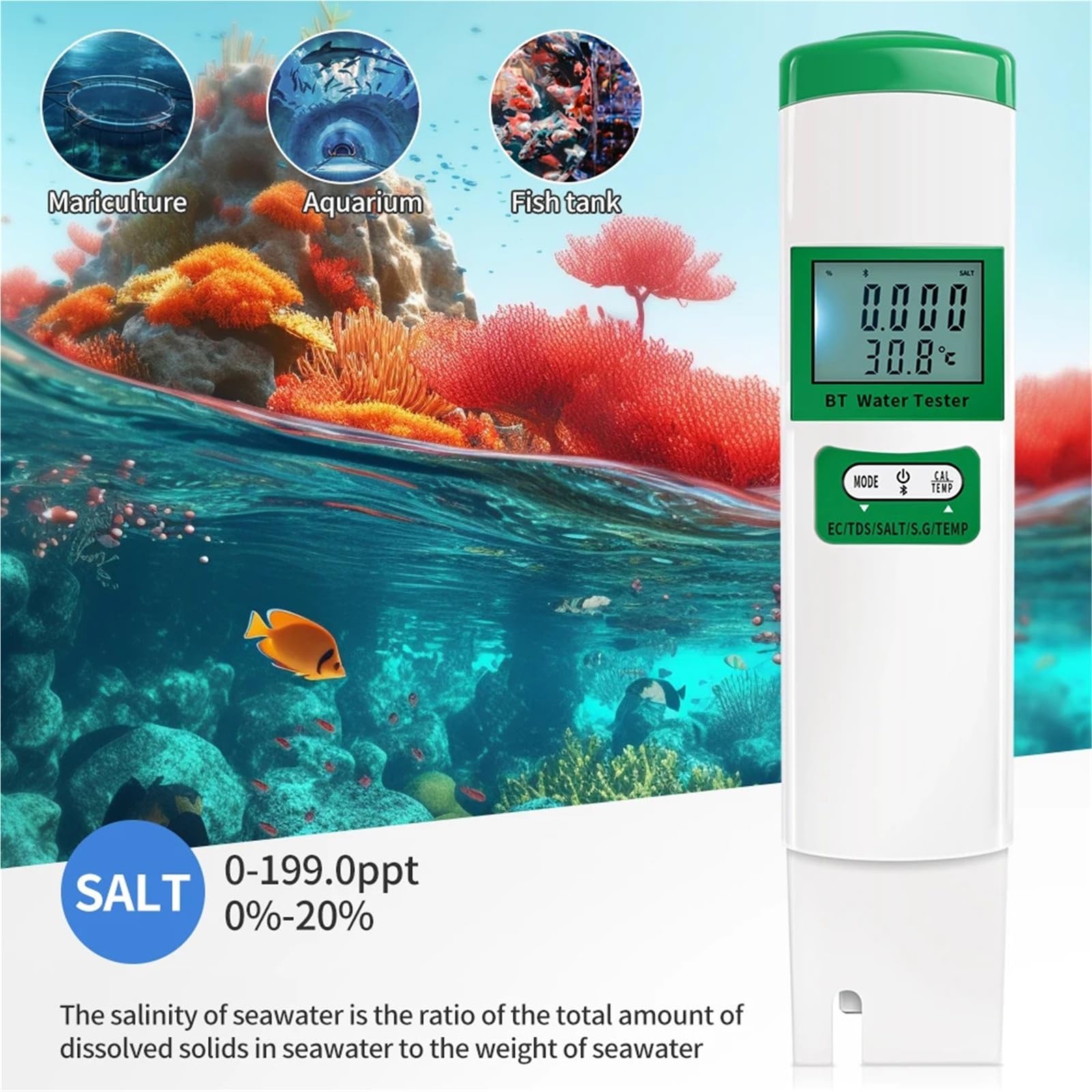 Tester Digitale 5 in 1 for la qualità Acqua, Portatile, Bluetooth, EC, TDS, Sale, SG, Temp, Controllo Tramite App, Test accurato multilingue