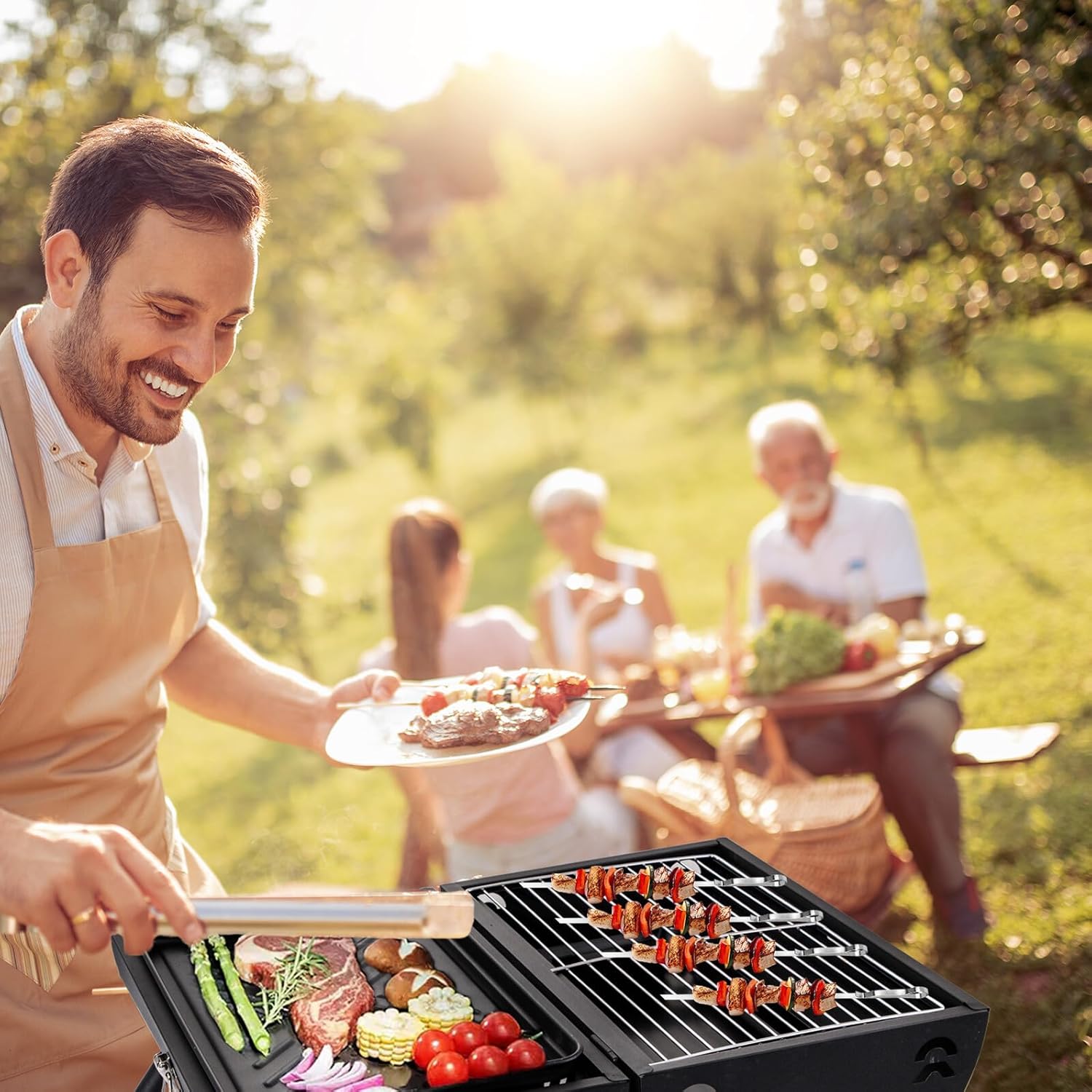 Gadpiparty Stainless Steel Grill Skewers Set 6 Metal Bbq Kabob Sticks and Base Holder for Outdoor Barbecue Cooking and Meat Grilling