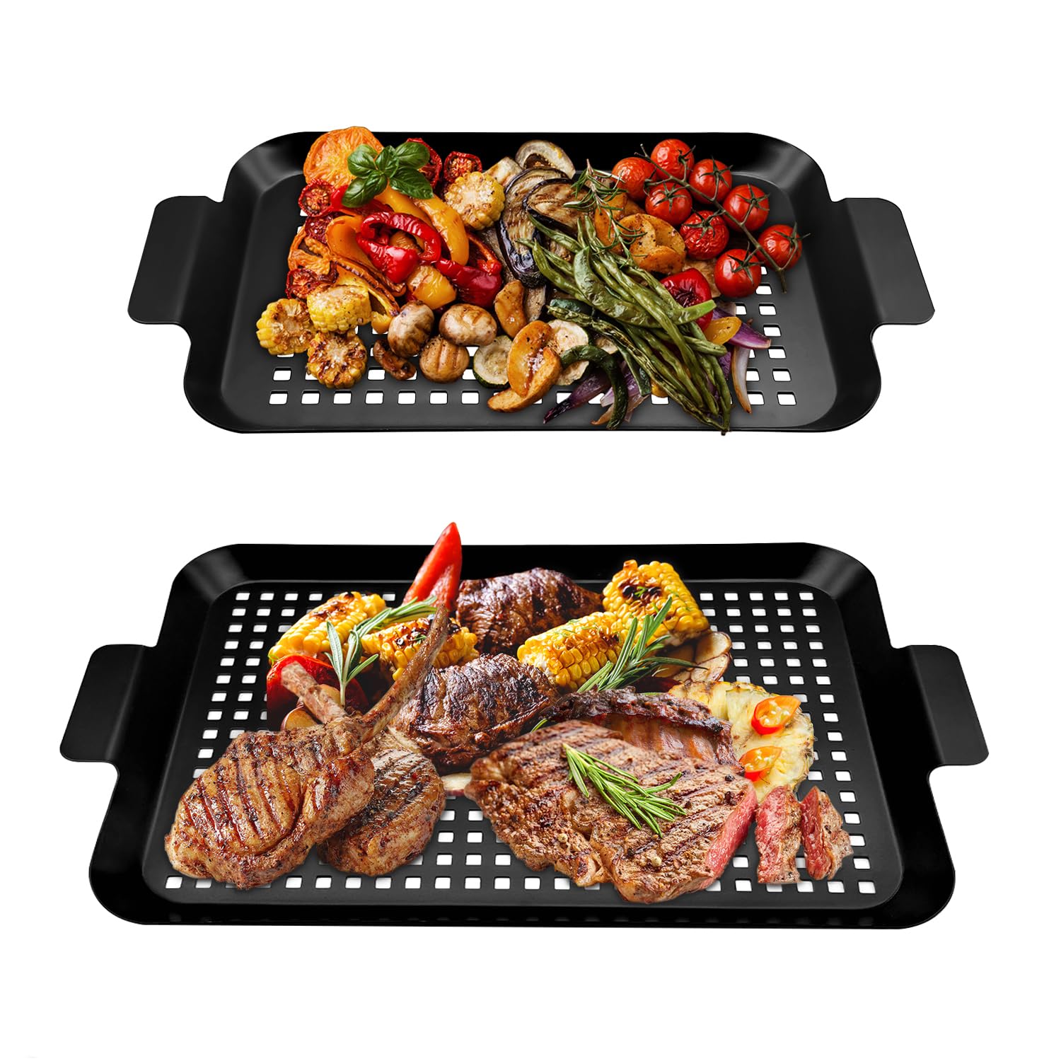 Grill Topper with Handles, 2PCS Grill Pan Nonstick Barbecue Grill Baskets for Outdoor Grill, Grill Tray BBQ Accessories with Perforated Bottom for Indoor Outdoor Grill Vegetables, Meat, Fish