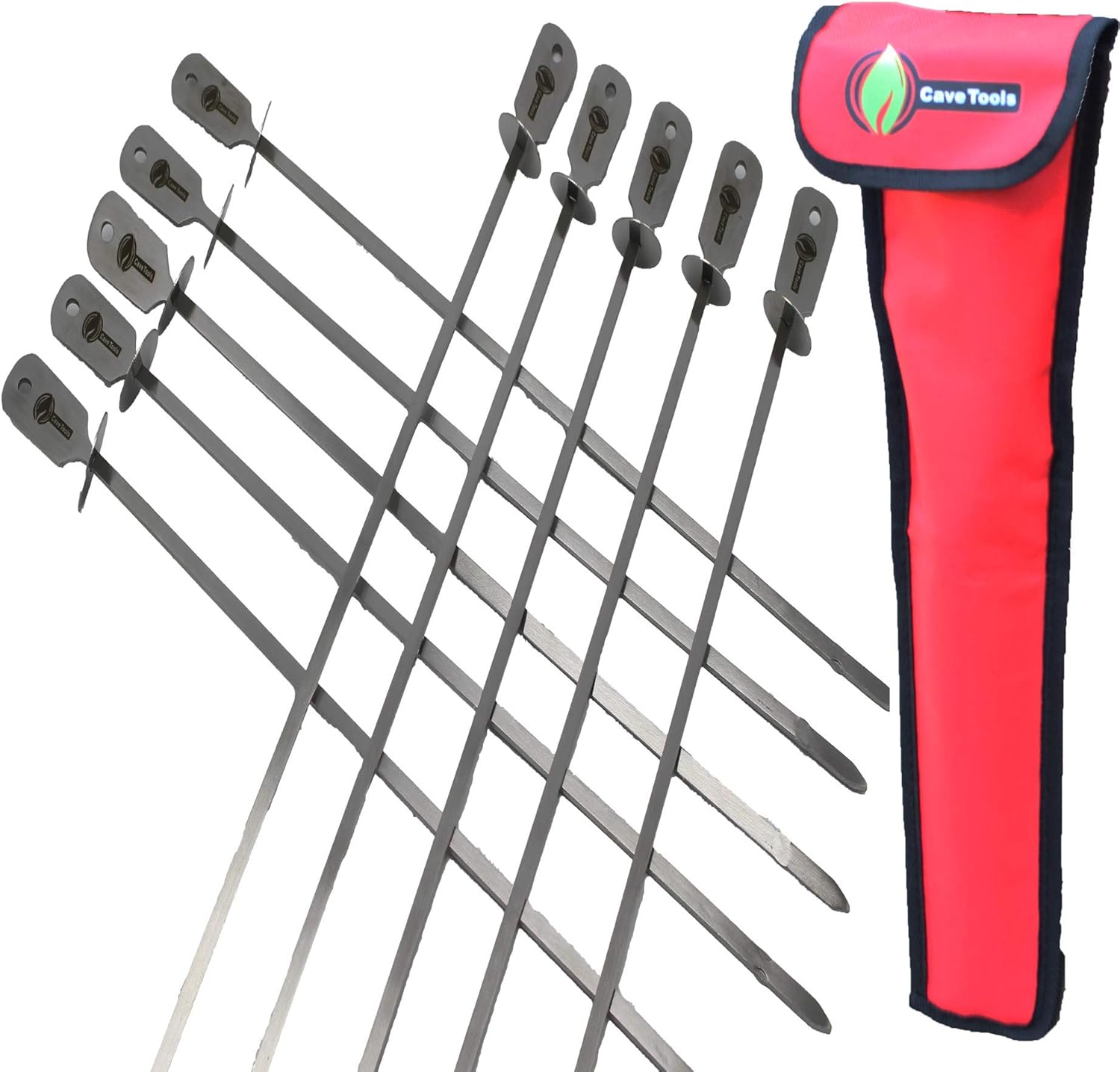 Cave Tools Skewers Set - 10 Stainless Steel Wide BBQ Kebob Sticks for BBQ Grill - Flat Metal with Food Remover Disc - BBQ Accessories, 17.3 Inch