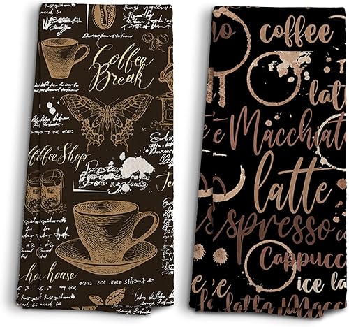 Toallas de café retro, decoración de cocina, decoración de barra de café, toallas de mano de mariposa, regalos para ella, juego de 2, 16 x 24