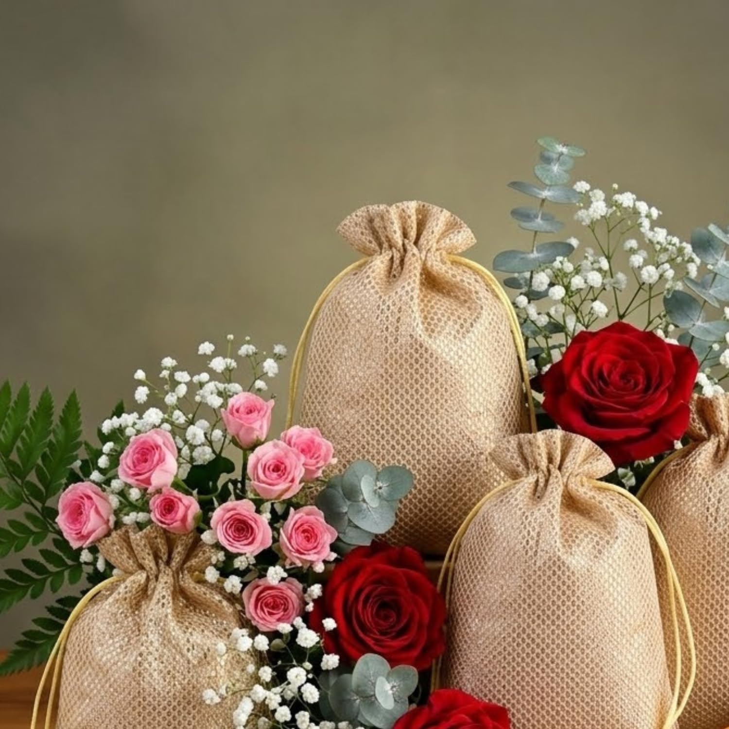 KRUM Zari Potli torebka dla kobiet (4 sztuki) ślubna Shagun Potli z zamknięciem na sznurek, etniczna torebka na prezent na święta, baby shower i prezenty powrotne, złoty