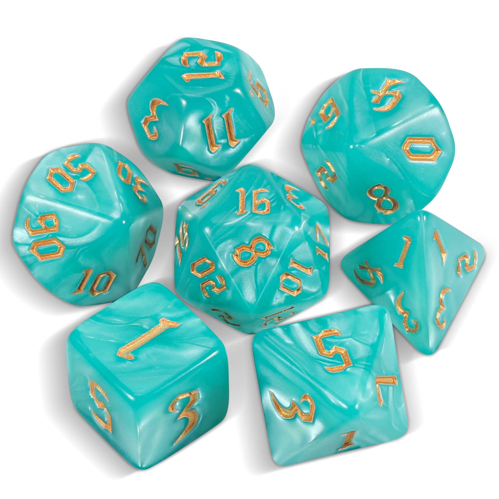 QMAY Dadi da gioco poliedrici, 7 dadi (ciano) | Dadi da tavolo con sacchetto per Dungeons and Dragons Pathfinder RPG MTG D&D D20, D12, D10, D%, D8, D6, D4