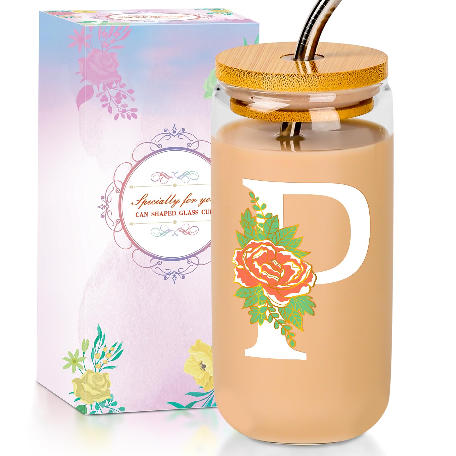 SENTVEND Initial Glass Cup with Lid and Straw Color-changing Monogrammed Gifts for Women 16 oz Iced Coffee Drinking Glass Tumbler Personalized