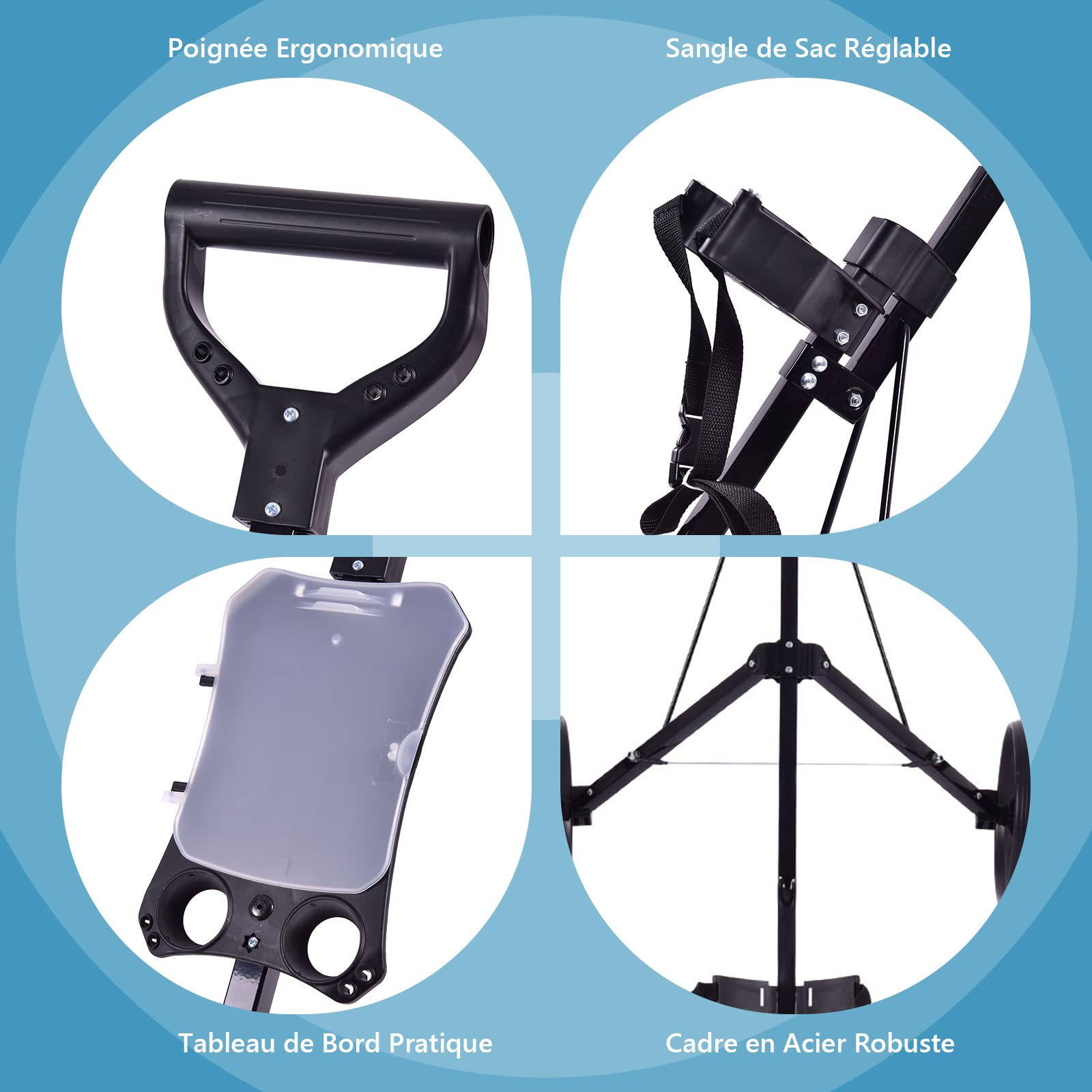 GOPLUS Chariot de Golf à 2 roulettes, Chariot de Golf Pliable avec Poignée Ergonomique, Sangles de Sac Ajustables et 2 roulettes, Facile à Pousser et à Tirer, 67 x 142 x 112CM